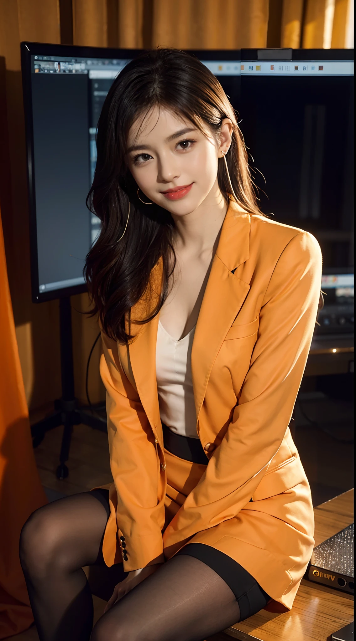 8K,masterpiece,best quality,TV programs, news programs, presenters in the host broadcast news, broadcast halls, sitting upright on the chair behind the table,The table is in front of the girl,There are instruments and equipment on site, large screen,microphone on the table,A girl,Extremely detailed facial details,shoulder length black straight short hair, Wearing earphone in one ear,smile,happy,orange blazer and skirt set,shirt,small breasts,slim, thin,Black stockings, high heels,close shot,Broadcasting in progress,Holding the manuscript in hand,cowboy shot,Directly facing the camera,front front,upper body