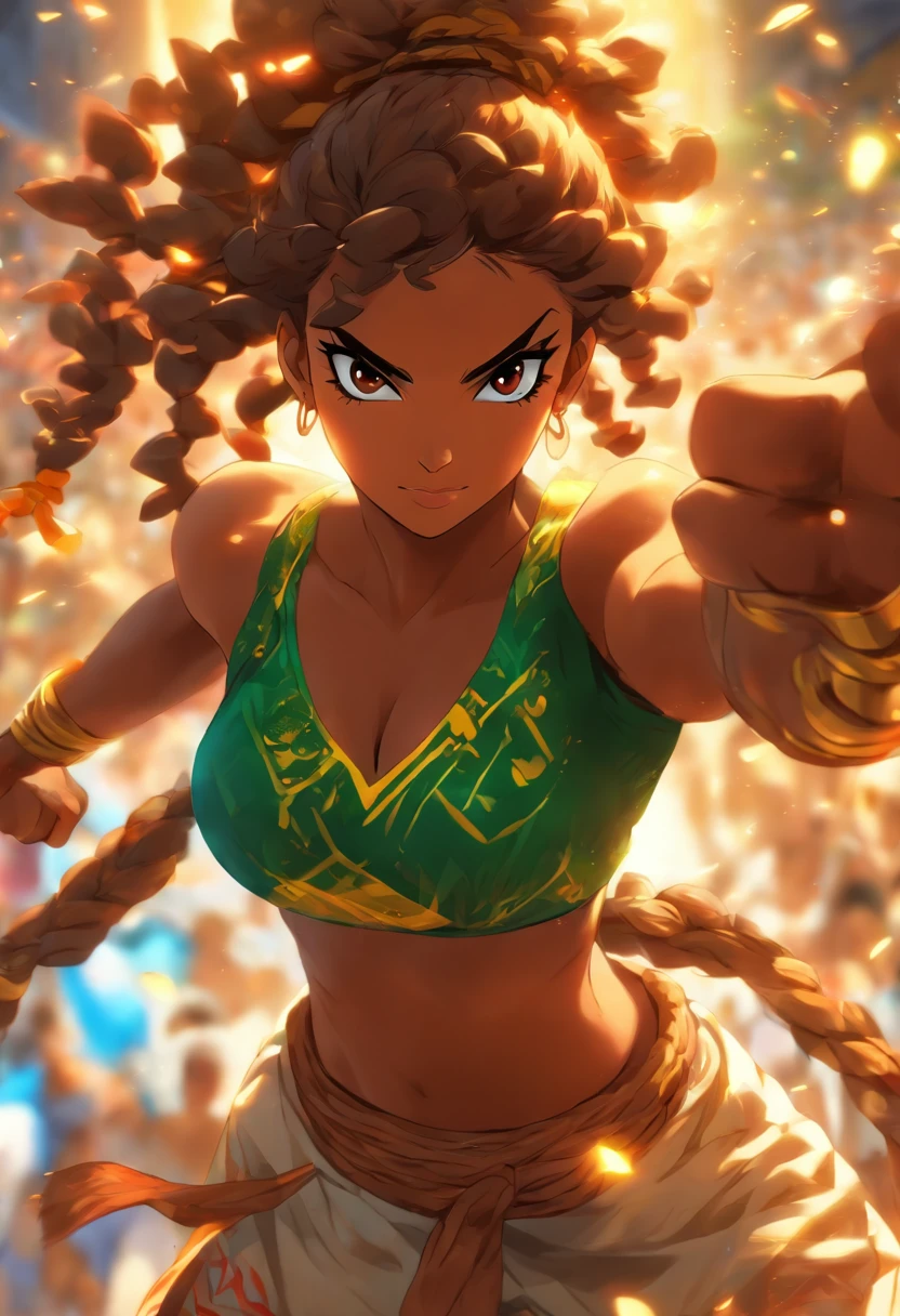1 Black Woman, Curly Hair, African Ethnicity, Highlighted Eyes, Eduardo Kobra ,Romero Brito,The Filling Twins ,detailed eyes,vibrant colors and dynamic lines reminiscent of manga, art, his exploding power, Chibi,Yang08k, beautiful,perfect eyes, Coloring,green aura around the body, Primary works, superior quality, (her distinctive appearance and personality shining through: 1.1) , (a snapshot capturing the ethereal fascination of the black woman within the enchanting forest: 1.1)), Official Art, Beauty and Aesthetics, 512k,Juavatar,silky hair, shiny hair, slim waist, extremely beautiful, skin texture, dark skin tone, extremely defined body, athletic body. Wearing well-detailed and refined chest and shorts. She is seated on a majestic and exquisite throne with precious stones, gold and silver detailed throne, red cushioned throne. Extremely detailed image. perfect hands, perfect eyes. around body ,caulifla,(80s anime style)form. cauliflass2 Create an image of Caulifla from Dragon Ball Super in Super Saiyan 2 mode with a yellow aura radiating around her body, and lightning bolts crackling in the background. The energy emanating from her body is a result of a stable diffusion process, with the aura and lightning bolts being a manifestation of the equilibrium reached by the diffusion of energy throughout her body. The result should be a dynamic and visually striking representation of Caulifla's immense power in this , bright blue eyes, lenched fists