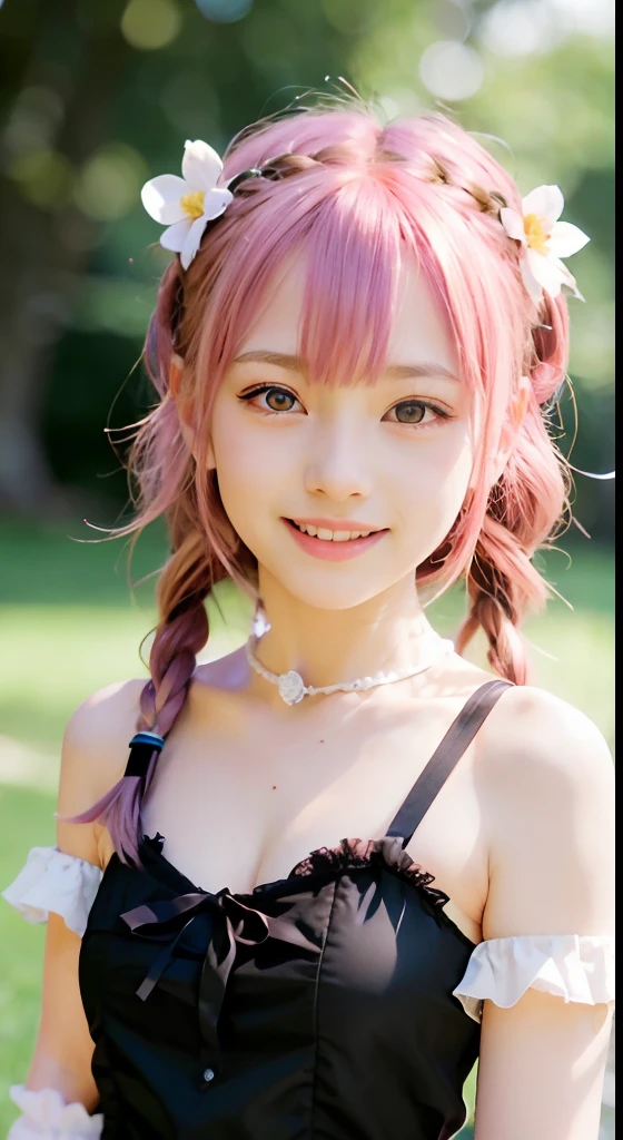 (ultra-detailliert), Cute princess dresses in black color,(frilly dress),(shortsleeves),Blue eyes,The upper part of the body、a closeup、faces、(A smile:1.5),(facing front:1.2), 20yr old, s girl,no tail,(no tail),2D, masterpiece, top-quality, animesque, A detailed eye, A detailed face, girl with, Only 1 person,Pink Hair Medium Hair, (Pink hair), Ear Hair, small tits, Single braid, (Single braid), (Side braid), Pink ribbon, Ribbon around the neck, (White sleeves), Background bokeh
