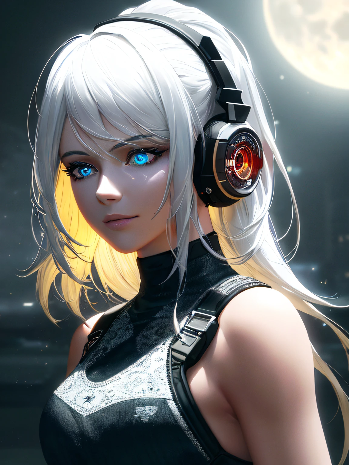 (on the moon, space, looking back into earth), white hair, black tank top, volumetric lighting, white jacket, glowing headphone, cyberpunk, futuristic, multi-color eyes, detailed eyes, hyper detailed,light smile,
highly detailed, beautiful, small details, ultra detailed, best quality, intricate, hyperrealism, sharp, digital illustration, detailed, realism, intricate, 4k, 8k, trending on artstation, good anatomy, beautiful lighting, award-winning, photorealistic, realistic shadows, realistic lighting, beautiful lighting, raytracing, intricate details, moody, rule of thirds, masterpiece, (illustration:1.1), highres, (extremely detailed CG, unity, 8k wallpaper:1.1), beautiful face, highly detailed face, ultra realistic, masterpiece, bokeh, extremely detailed, intricate, zoomout,
colorful, vibrant colors, red nail polish, side view,