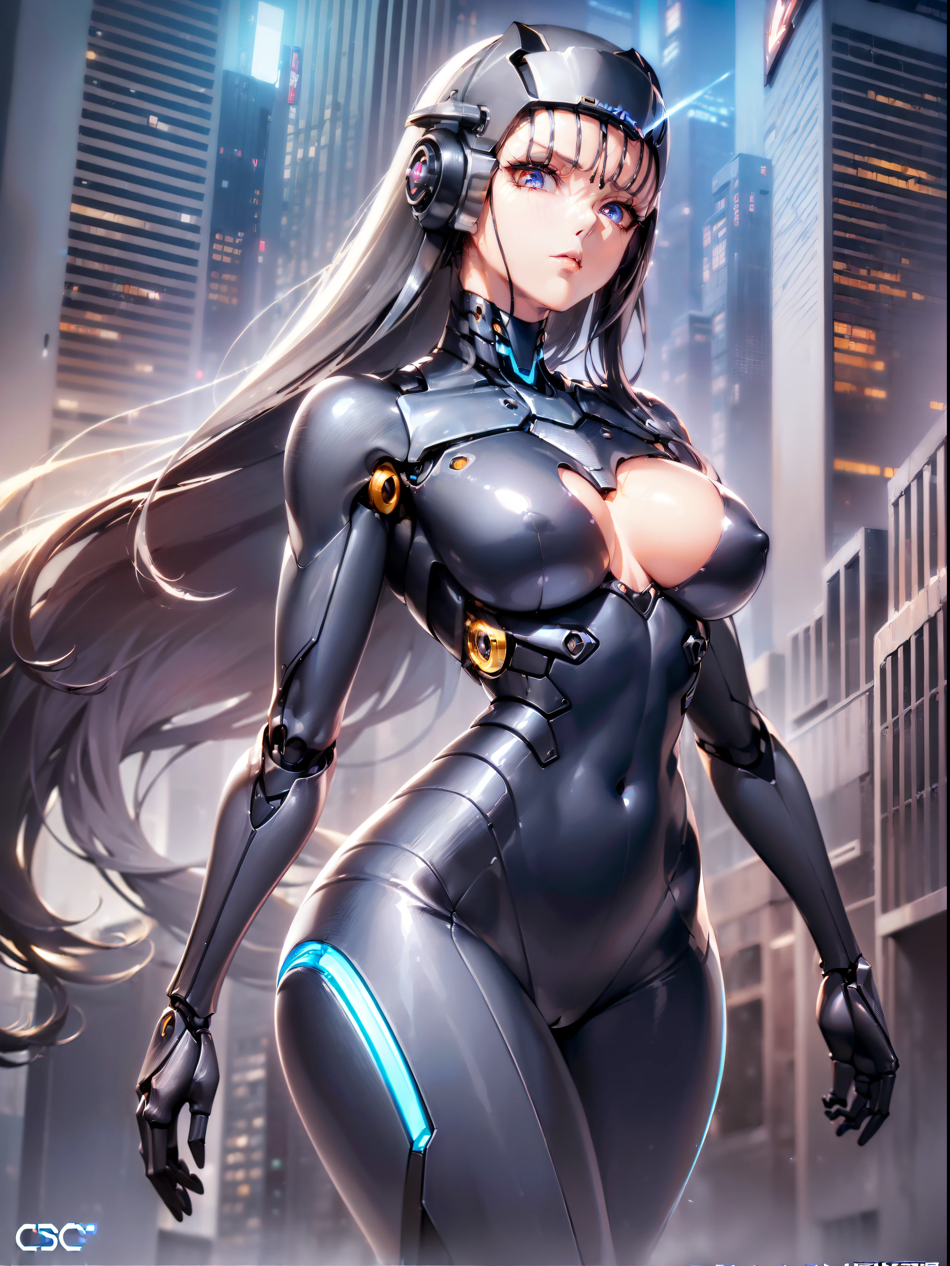 ((masuter piece:1.5)),((Finest quality)),(super precision),8k picture,Top quality anime,Highest level of resolution,sharpnes,Clear,The world of the near future:1.4,cyberpunked,((perfect anatomia:1.5)),(Perfect depiction, Unbroken body:1.5),Detailed down to the smallest detail,Phenomenal depiction,((1 Cyborg Woman,Machine body),(Lustrous hair)),(Beautiful and neat machine face),((Beautiful shiny mechanical eyes:1.3),((Slim body,parting line:1.6),thin-waist,pretty skin,Beautiful legs,(deadpan),(Detailed and detailed bodysuit),Cyber City:1.5