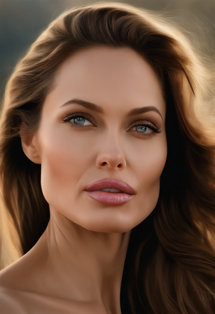 a close up of a woman with long hair and a pink lip, a digital rendering inspired by Martin Schoeller, flickr, hyperrealism, angeline jolie, very beautiful angeline jolie, angelina jolie, with very thin lips, nose of angelina jolie, angelina jolie portrait, portrait of angelina jolie, most beautiful woman on earth, portrait of the angelina jolie