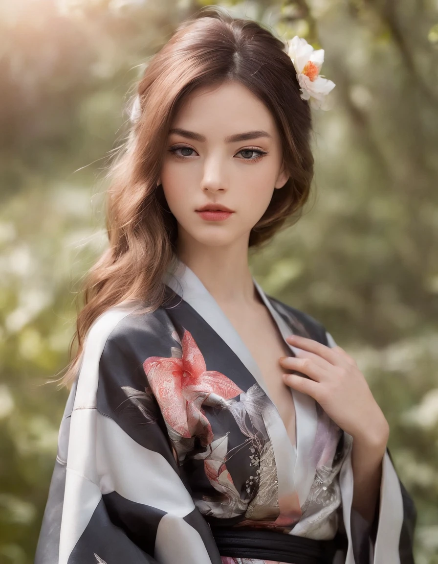 Dainty and pretty 18 year old girl wearing a kimono made of leather fabric.
Her hair color is platinum. Portrait photo. One hand is on her waist. One hand is touching her lips. Her head is slightly tilted. Her skin is very smooth. The background is an ink painting landscape. Depth of field is very shallow and the background is blurred.