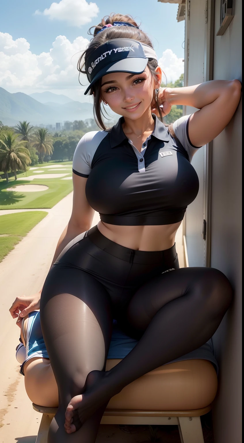 Show entire body, feet in view, aerial view, 18y.o. Latina, wearing tight golf skirt, tight polo shirt, exposed cleavage, underboob, visor, ponytail haircut, pantyhose, no shoes, smiling, riding horse, sunny day