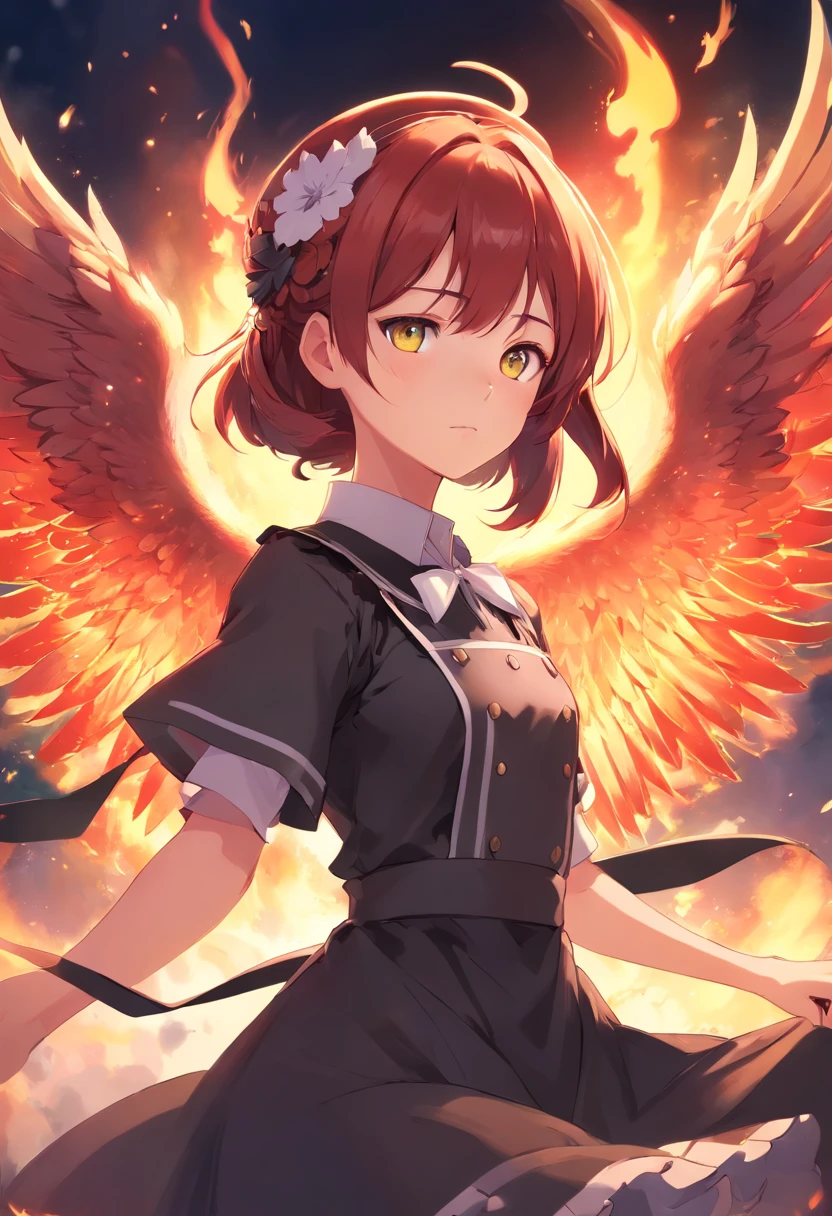 Maid knight, maid, knight, gothic fashion, gothic, dark clothes, female, fire angel, fire, angel, demon, red, red hair, pale skin, pale, green eyes, freckles, phoenix wings, fire wings, angel fire wings, angel wings, wings, one character, one face, one person, only one individual, only one character, only one person, only one face.