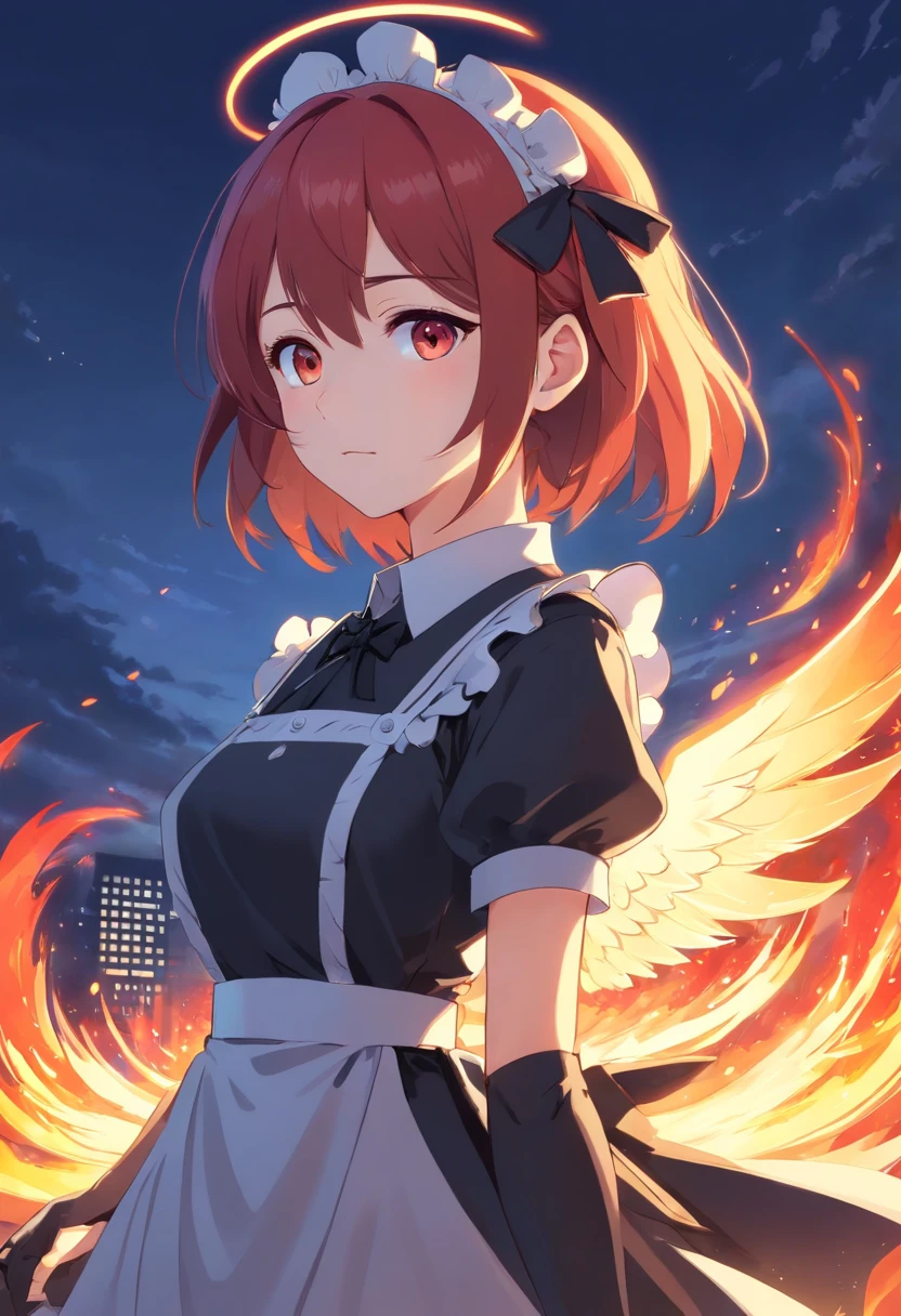 Maid knight, maid, knight, gothic fashion, gothic, dark clothes, female, fire angel, fire, angel, demon, red, red hair, pale skin, pale, green eyes, freckles, phoenix wings, fire wings, angel fire wings, angel wings, wings, one character, one face, one person, only one individual, only one character, only one person, only one face.