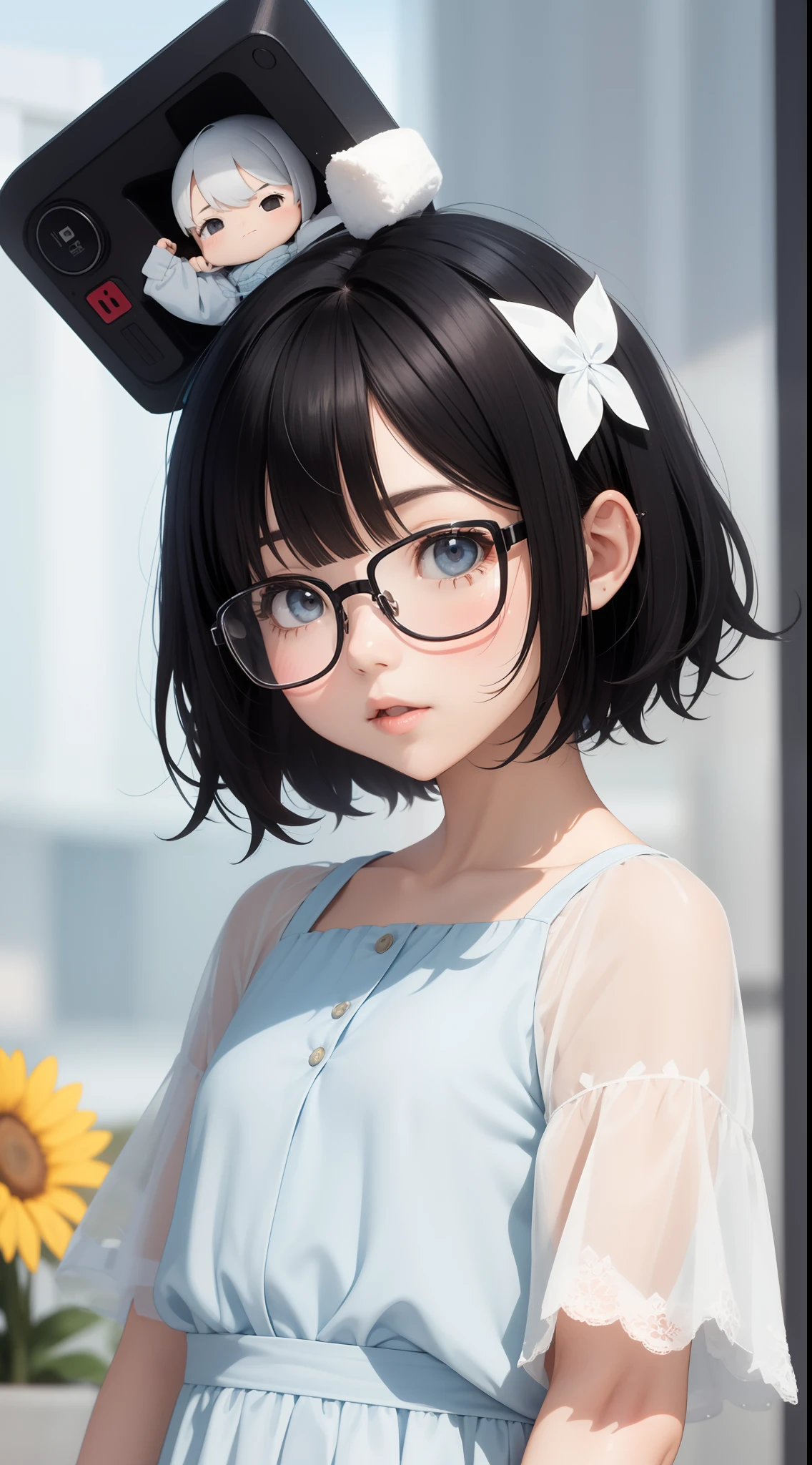 A girl with short black hair, gray eyes, square baby blue glasses, and with white dress