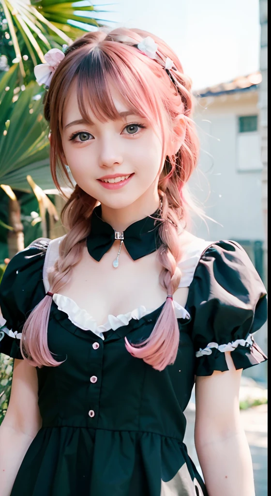 Araffe girl with pink hair and a black dress posing for a picture ...