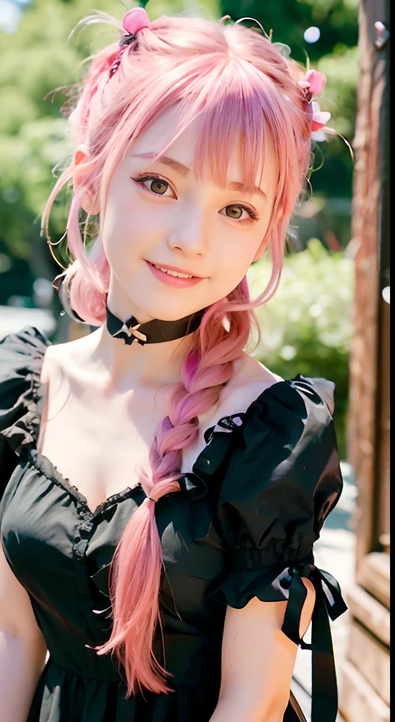 (ultra-detailliert), Cute princess dresses in black color,(frilly dress),(shortsleeves),Blue eyes,The upper part of the body、a closeup、faces、(A smile:1.5),(facing front:1.2), 20yr old, teens girl,no tail,(no tail),2D, ​masterpiece, top-quality, animesque, A detailed eye, A detailed face, girl with, Only 1 person,Pink Hair Medium Hair, (Pink hair),  Ear Hair, small tits, Single braid, (Single braid), (Side braid), Pink ribbon, Ribbon around the neck, (White sleeves), Background bokeh