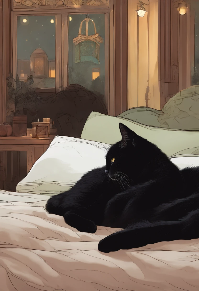 Big black cat sleeping in bed at night with its human owners