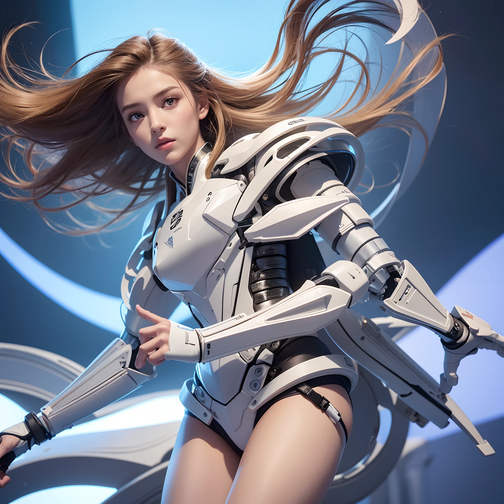 Create an ultra-realistic image depicting a young woman in a biological exoskeleton. A jovem deve possuir olhos castanhos deslumbrantes, Muscular arms and legs, e um corpo lindo e definido. O rosto da jovem deve transmitir serenidade. Create a background with a lab aesthetic that complements the composition. The image should capture the harmonious fusion between biotechnology and beauty, evoking a sense of innovation and elegance.