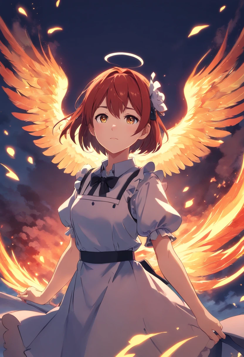 Maid knight, maid, knight, gothic fashion, gothic, dark clothes, female, fire angel, fire, angel, demon, red, red hair, pale skin, pale, green eyes, freckles, phoenix wings, fire wings, angel fire wings, angel wings, wings, one character, one face, one person, only one individual, only one character, only one person, only one face.