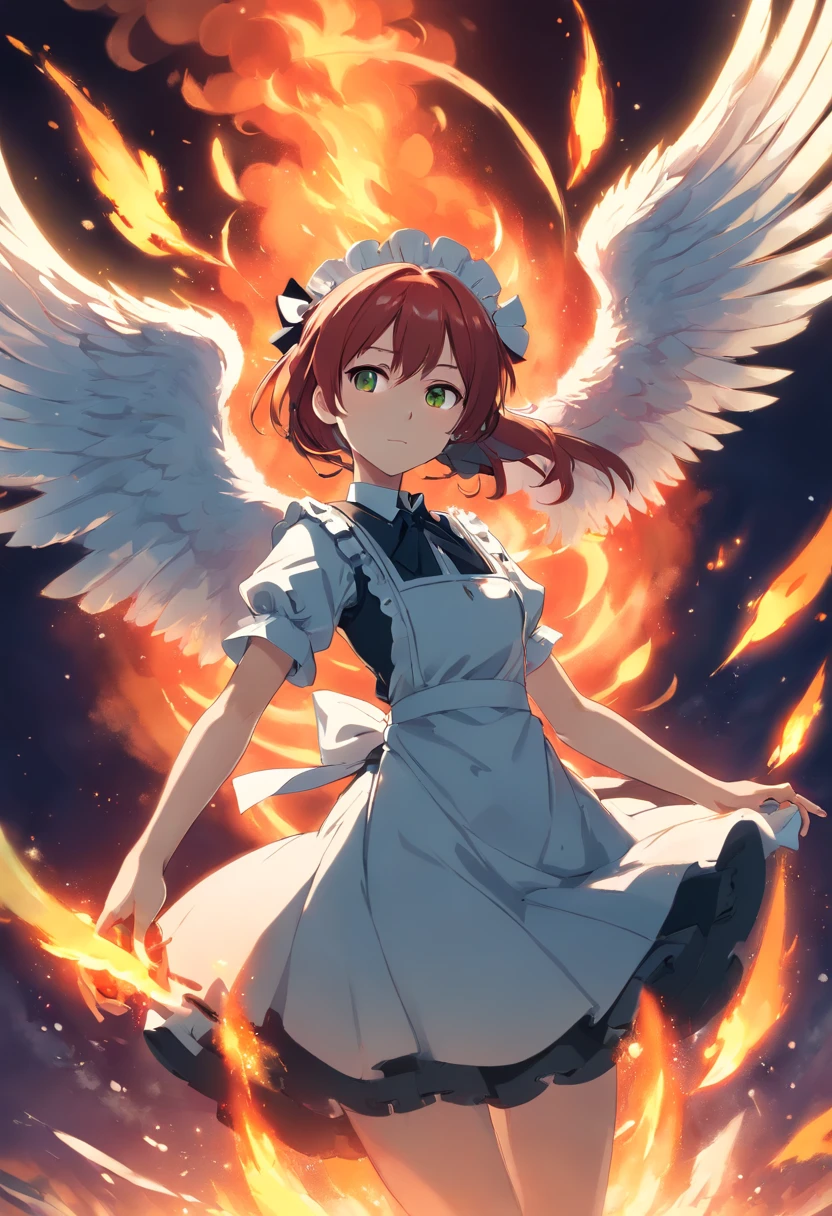 Maid knight, maid, knight, gothic fashion, gothic, dark clothes, female, fire angel, fire, angel, demon, red, red hair, pale skin, pale, green eyes, freckles, phoenix wings, fire wings, angel fire wings, angel wings, wings, one character, one face, one person, only one individual, only one character, only one person, only one face.