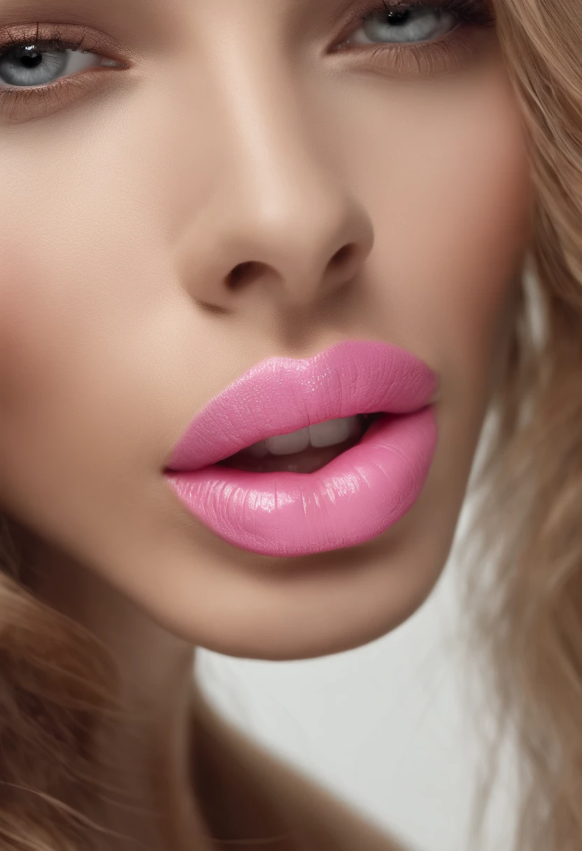 a close up of a woman with long hair and a pink lip, flickr, hyperrealism, very beautiful, with very thin lips, most beautiful woman on earth