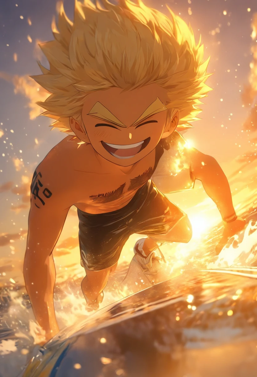 (a man,medium built),(short,blonde hair),(riding a wiglett:1.1,like it was a surfboard),(through the waves),(sunset behind).,(best quality:1.2),(ultra-detailed),(realistic:1.37),(landscape),(vivid colors),(warm and vibrant tones),(soft, golden light),(sparkling reflection on the water)