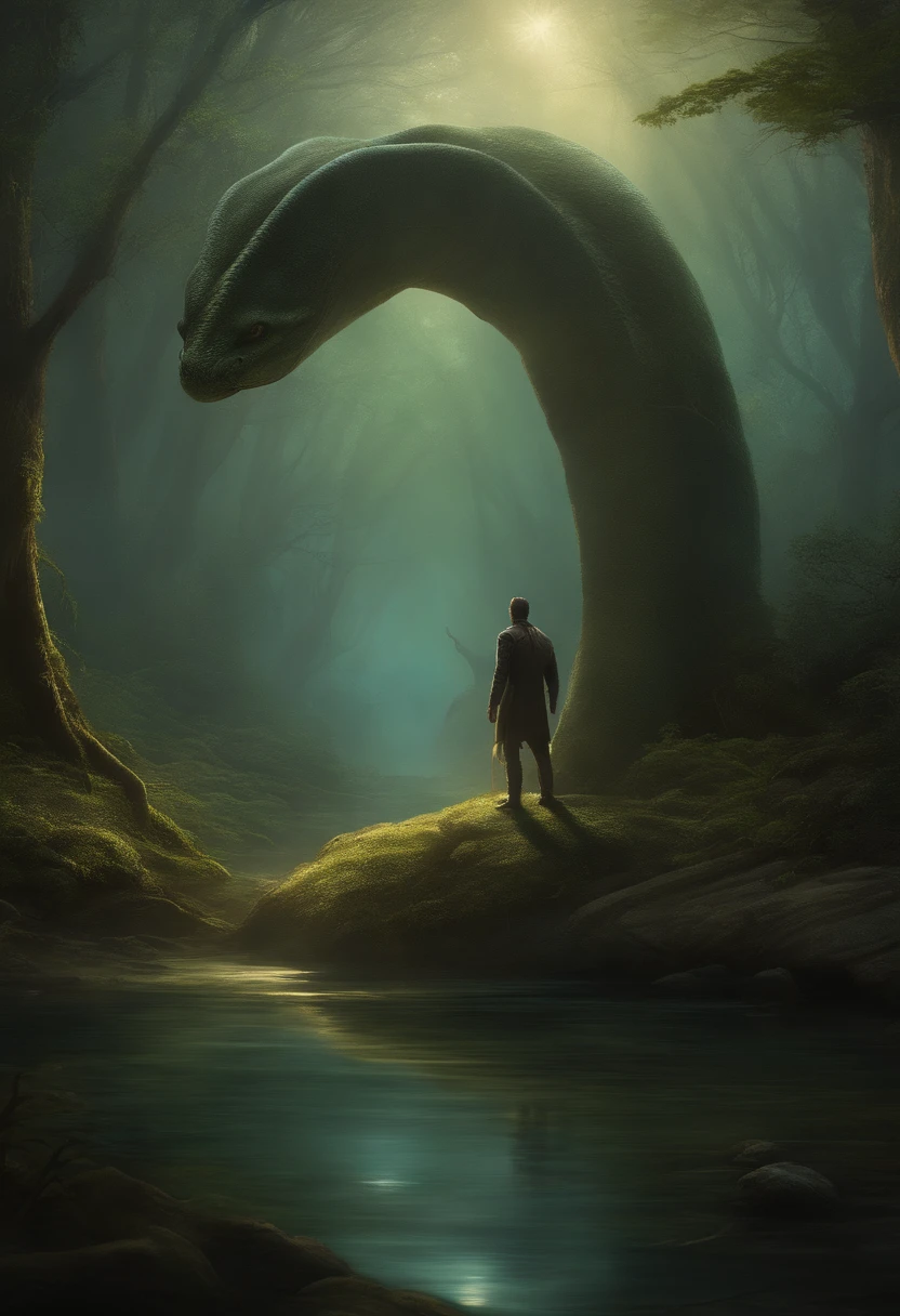 Create an artwork that depicts a chance meeting between the enigmatic half-human, half-snake creature and a determined human adventurer. The adventurer should be portrayed as someone on a quest, carrying the tools of their trade and exuding an air of bravery and curiosity.
Place them in a surreal and mystical environment, where ancient trees with bioluminescent leaves cast an eerie glow. The atmosphere should be filled with an aura of magic and wonder, as if the meeting of these two beings is destined to unravel a hidden mystery.
Capture the moment when their eyes first lock, conveying a mix of surprise, fascination, and perhaps a hint of trepidation. The creature's serpentine grace should contrast with the adventurer's human determination, creating a sense of otherworldly beauty and curiosity