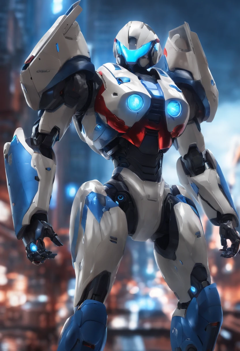 arafed image of a blue and white robot with a red background, zero suit samus, samus aran, samus aran bioorganic varia suit, samus, samus aran fanart, girl in mecha cyber armor, this character has cryokinesis, female mecha, nova, intricate mecha armor, metroid, anime mech armor