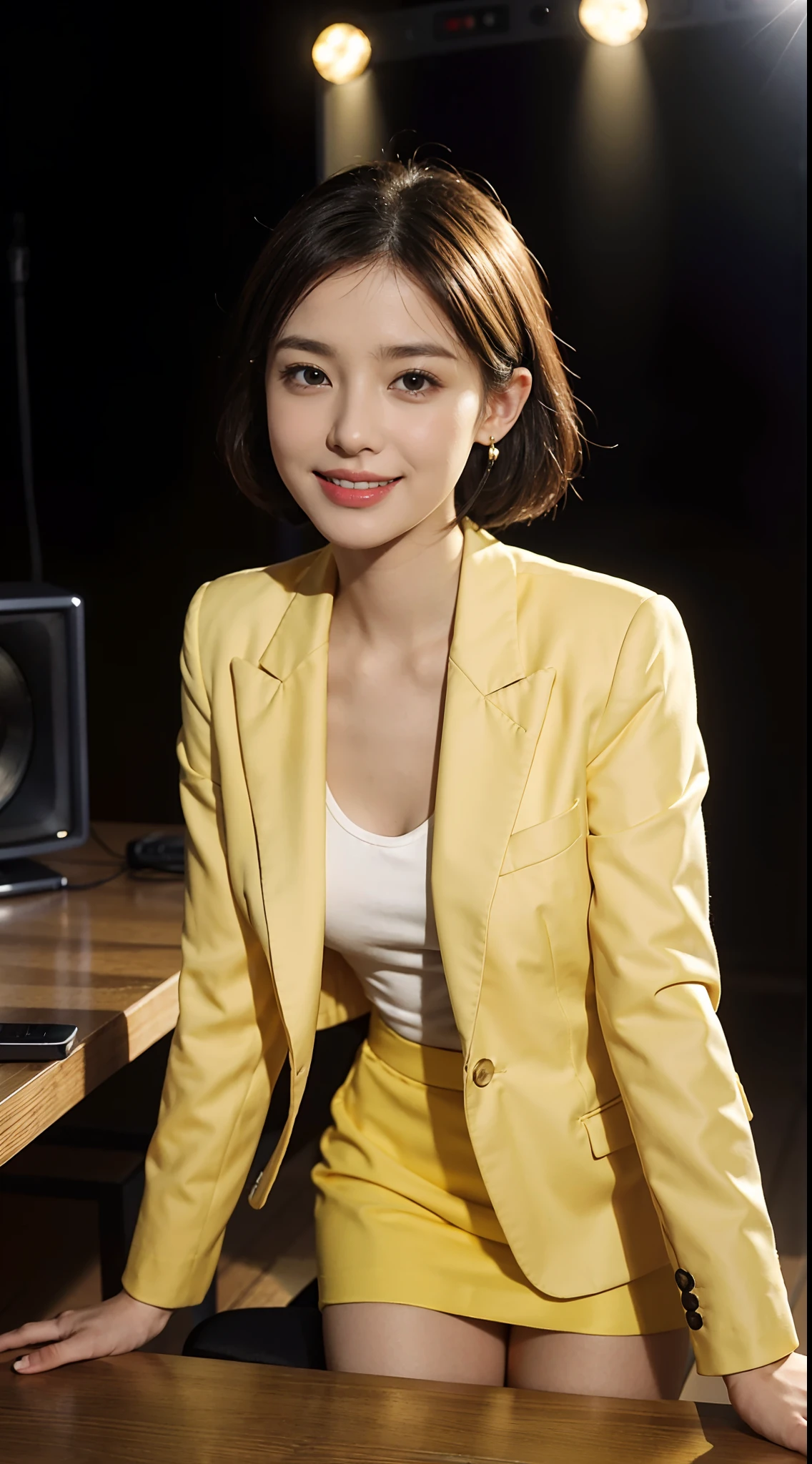 8K，masterpiece，best quality，TV programs, news programs, presenters in the host broadcast news, broadcast halls, sitting upright on the chair behind the table，The table is in front of the girl，There are instruments and equipment on site, large screen,microphone on the table，A girl，Extremely detailed facial details，shoulder length black straight short hair, Wearing earphone in one ear，smile，happy，yellow blazer and skirt set,shirt，small breasts，slim, thin,Black stockings, high heels，close shot，Broadcasting in progress，Holding the manuscript in hand，cowboy shot，Directly facing the camera，front front，upper body