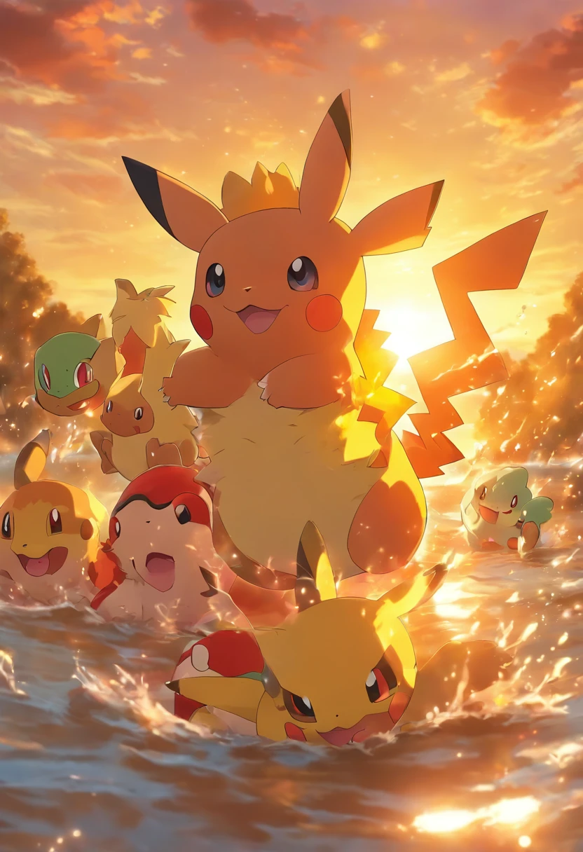 the pokemon Wiglett, a bunch of them, in the water, with the sun setting behind them