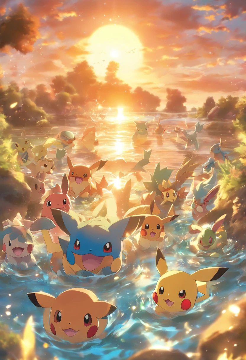 the pokemon Wiglett, a bunch of them, in the water, with the sun setting behind them