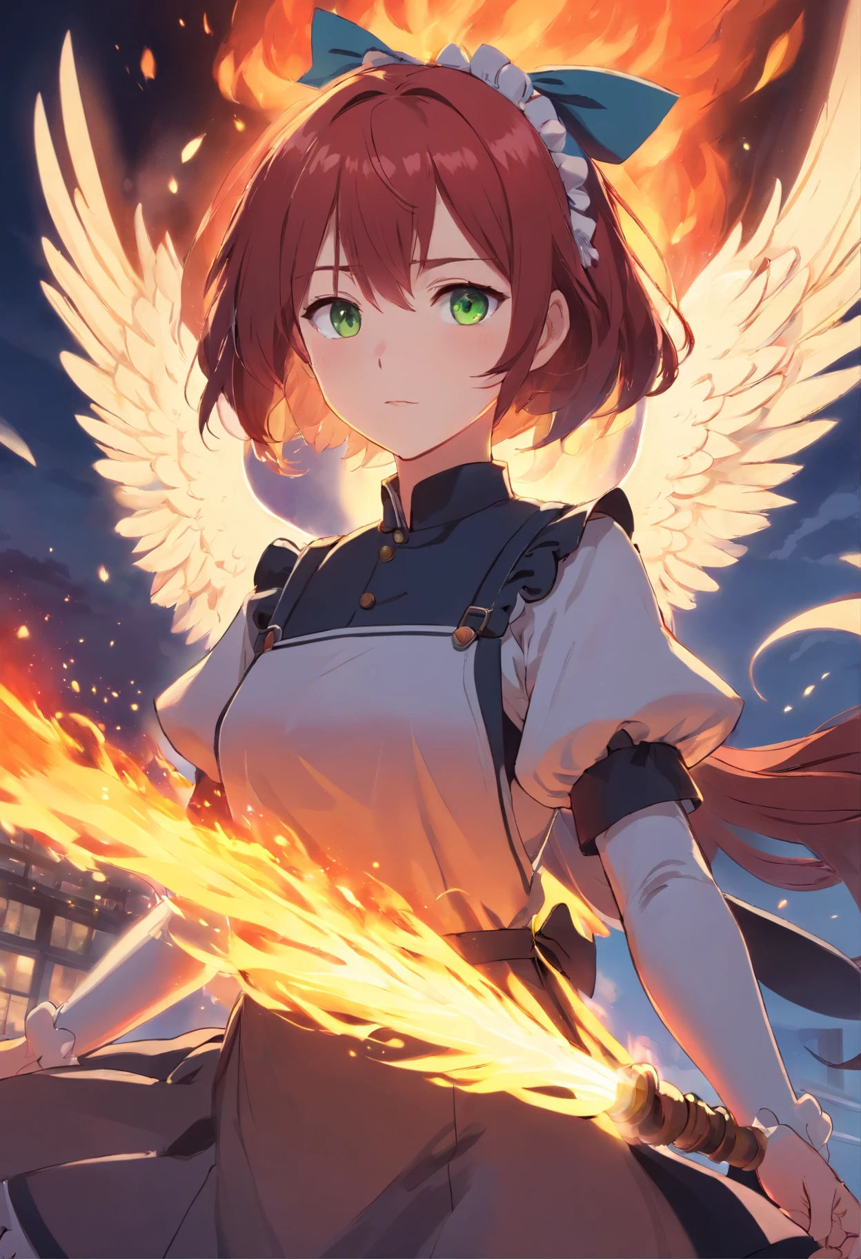 Maid knight, maid, knight, gothic fashion, gothic, dark clothes, female, fire angel, fire, angel, demon, red, red hair, pale skin, pale, green eyes, freckles, phoenix wings, fire wings, angel fire wings, angel wings, wings, one character, one face, one person, only one individual, only one character, only one person, only one face.