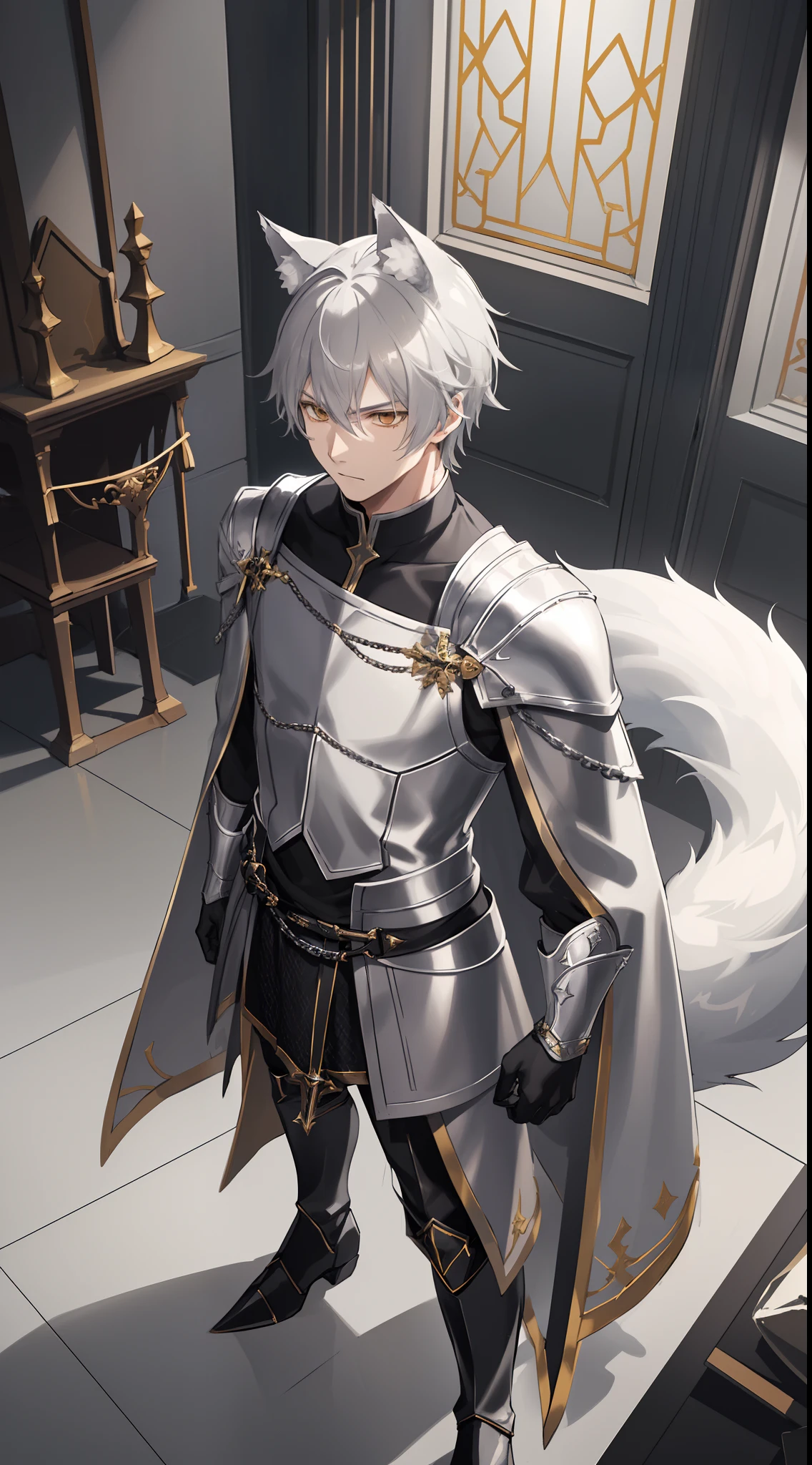 1boy,solo,gray hair, templar golden knight outfit, gray long chainmail skirt, wolf ears, wolf tail, black long boots, serious face, house setting, masterpiece, HD, vibrant,night,