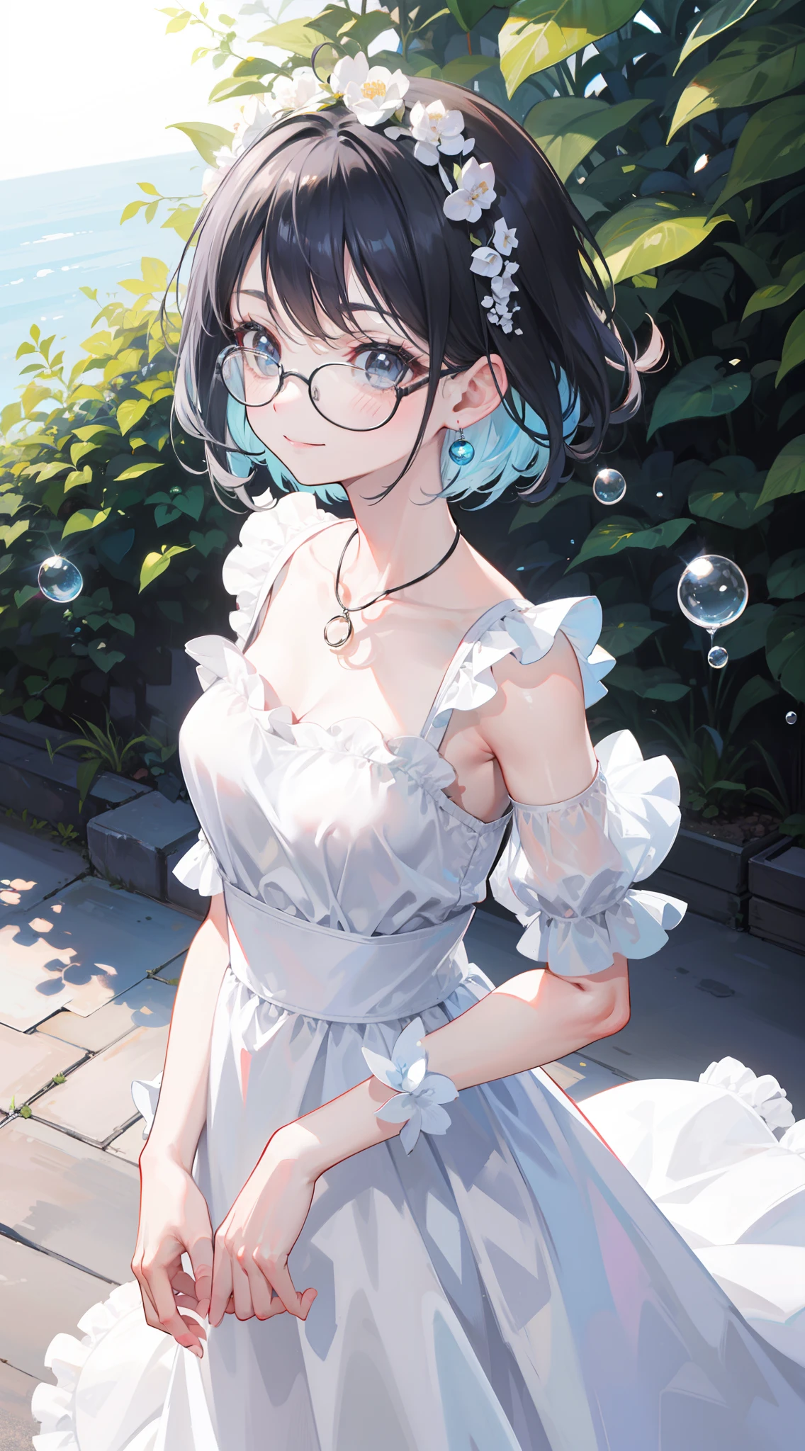 （Correct facial light and shadow，Correct facial structure，Look at you shyly，（Keep your glasses）） blue glasses, gray eyes, smiling, 8k quality.