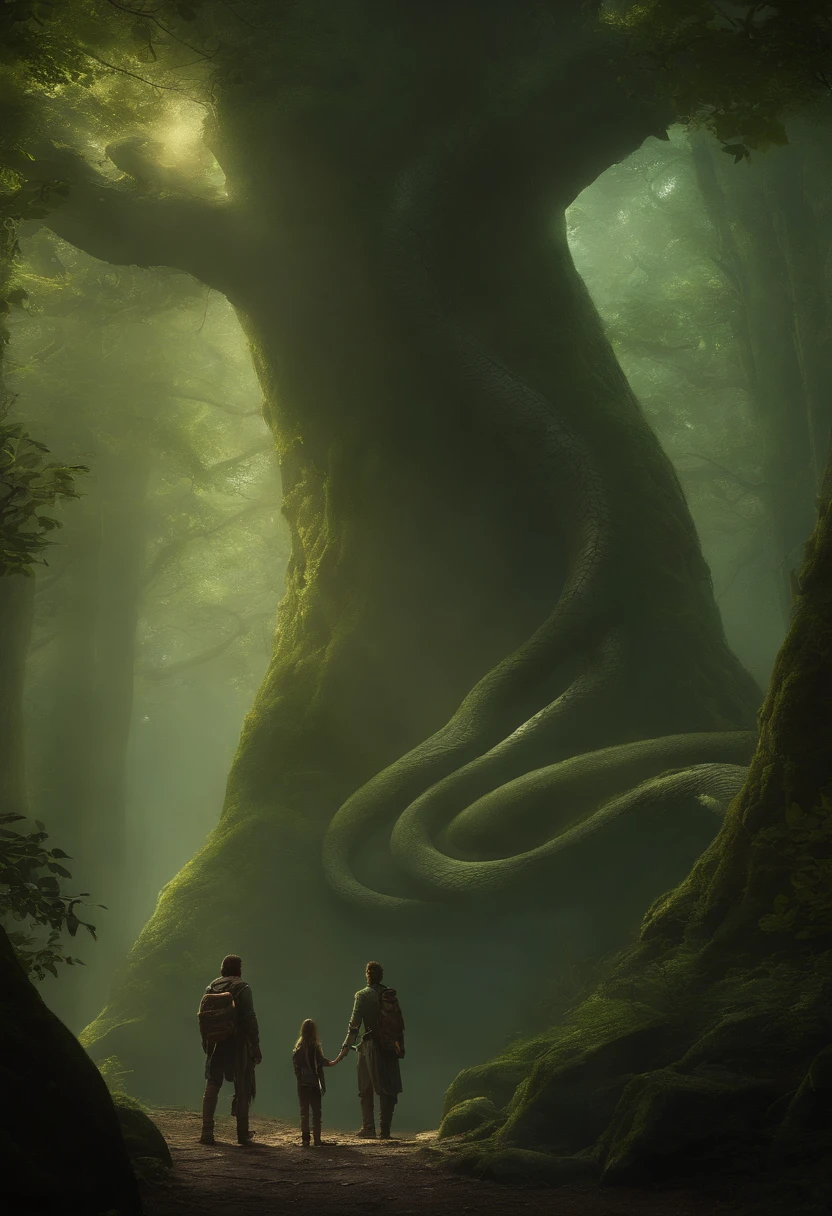 Create an artwork that depicts a chance meeting between the enigmatic half-human, half-snake creature and a determined human adventurer. The adventurer should be portrayed as someone on a quest, carrying the tools of their trade and exuding an air of bravery and curiosity.
Place them in a surreal and mystical environment, where ancient trees with bioluminescent leaves cast an eerie glow. The atmosphere should be filled with an aura of magic and wonder, as if the meeting of these two beings is destined to unravel a hidden mystery.
Capture the moment when their eyes first lock, conveying a mix of surprise, fascination, and perhaps a hint of trepidation. The creature's serpentine grace should contrast with the adventurer's human determination, creating a sense of otherworldly beauty and curiosity.