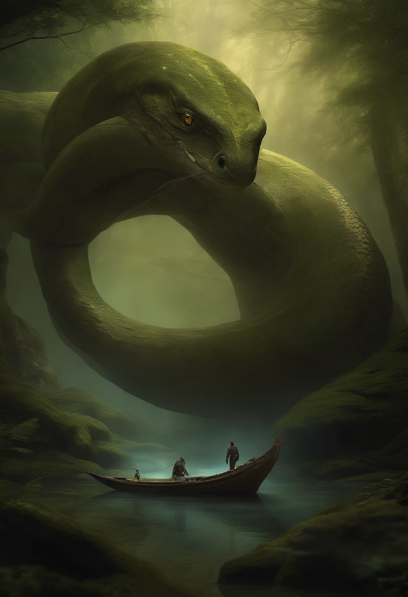 Create an artwork that depicts a chance meeting between the enigmatic half-human, half-snake creature and a determined human adventurer. The adventurer should be portrayed as someone on a quest, carrying the tools of their trade and exuding an air of bravery and curiosity.

Place them in a surreal and mystical environment, where ancient trees with bioluminescent leaves cast an eerie glow. The atmosphere should be filled with an aura of magic and wonder, as if the meeting of these two beings is destined to unravel a hidden mystery.

Capture the moment when their eyes first lock, conveying a mix of surprise, fascination, and perhaps a hint of trepidation. The creature's serpentine grace should contrast with the adventurer's human determination, creating a sense of otherworldly beauty and curiosity.