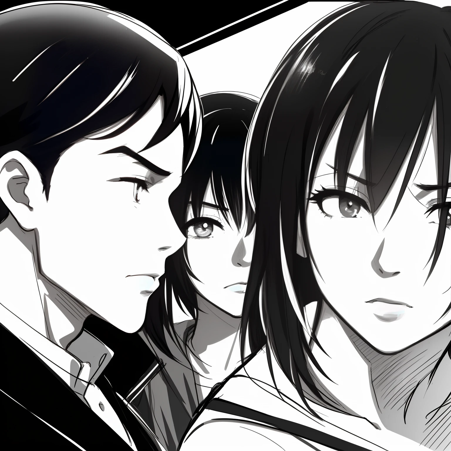 ((ink style, sketch, black and white)) Anger and sadness 1 girl, short hair, the girl is inside of a mirror, the boy is giving back to her, the gir is behind him, profile, In the twilight of their shared moments, the girl and the boy stood at the crossroads of their intertwined destinies. Their gazes, like parallel lines, met briefly before diverging into different horizons.