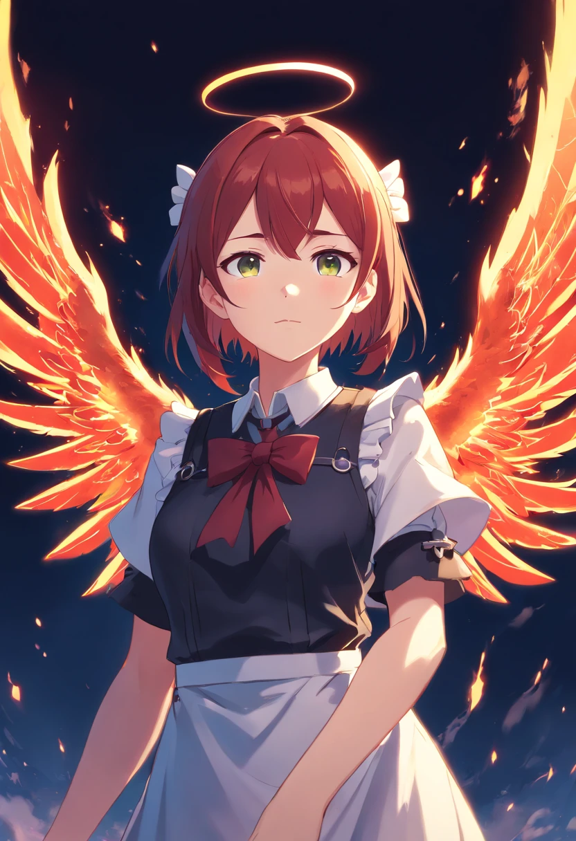 Maid knight, maid, knight, gothic fashion, gothic, dark clothes, female, fire angel, fire, angel, demon, red, red hair, pale skin, pale, green eyes, freckles, phoenix wings, fire wings, angel fire wings, angel wings, wings, one character, one face, one person, only one individual, only one character, only one person, only one face.
