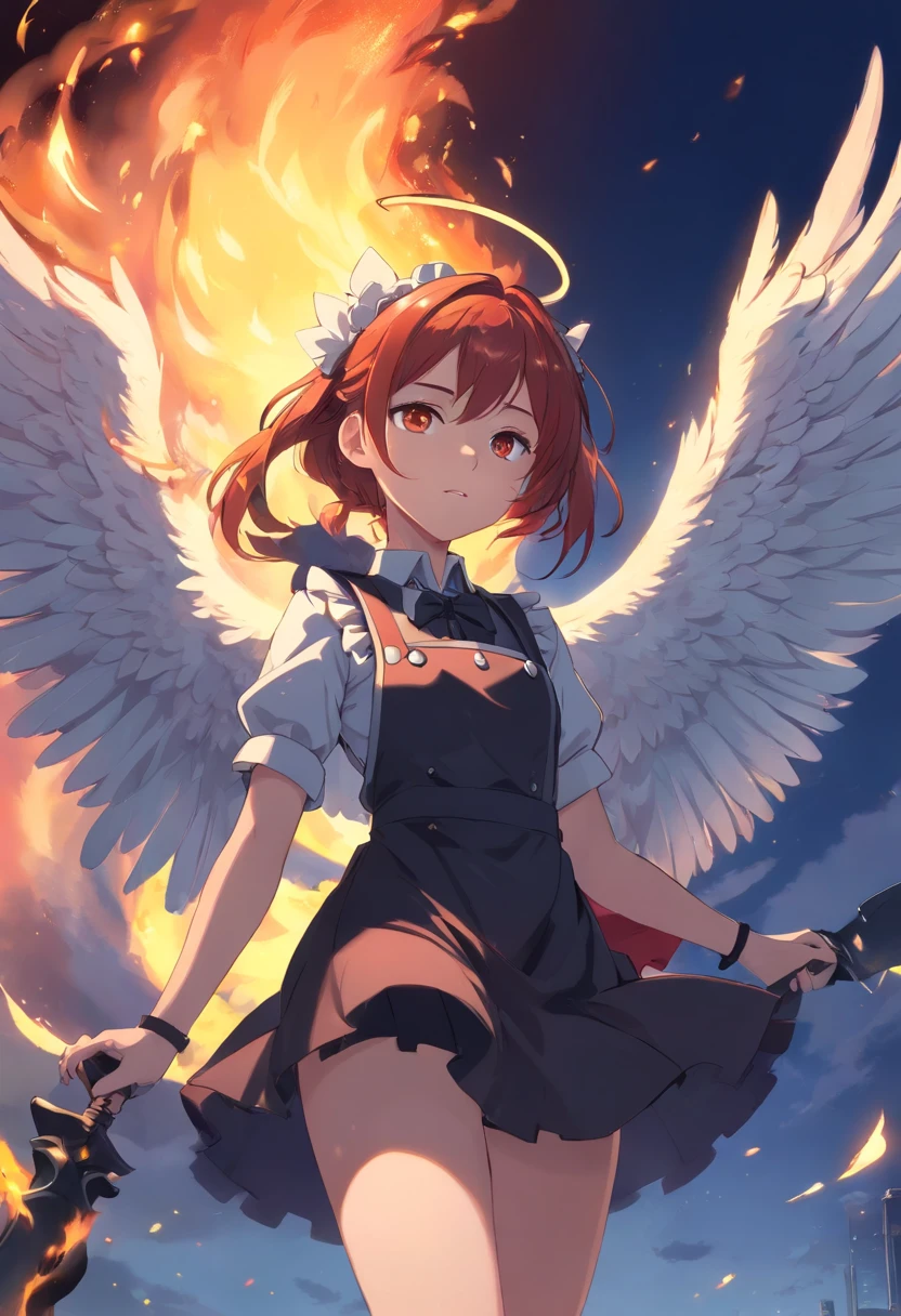 top-quality、hight resolution、detaileds、beautiful Girl、White sheer clothes、volcanoes、Bright orange medium hair、Angel wings、Stand on a rock、lava、a short skirt、
