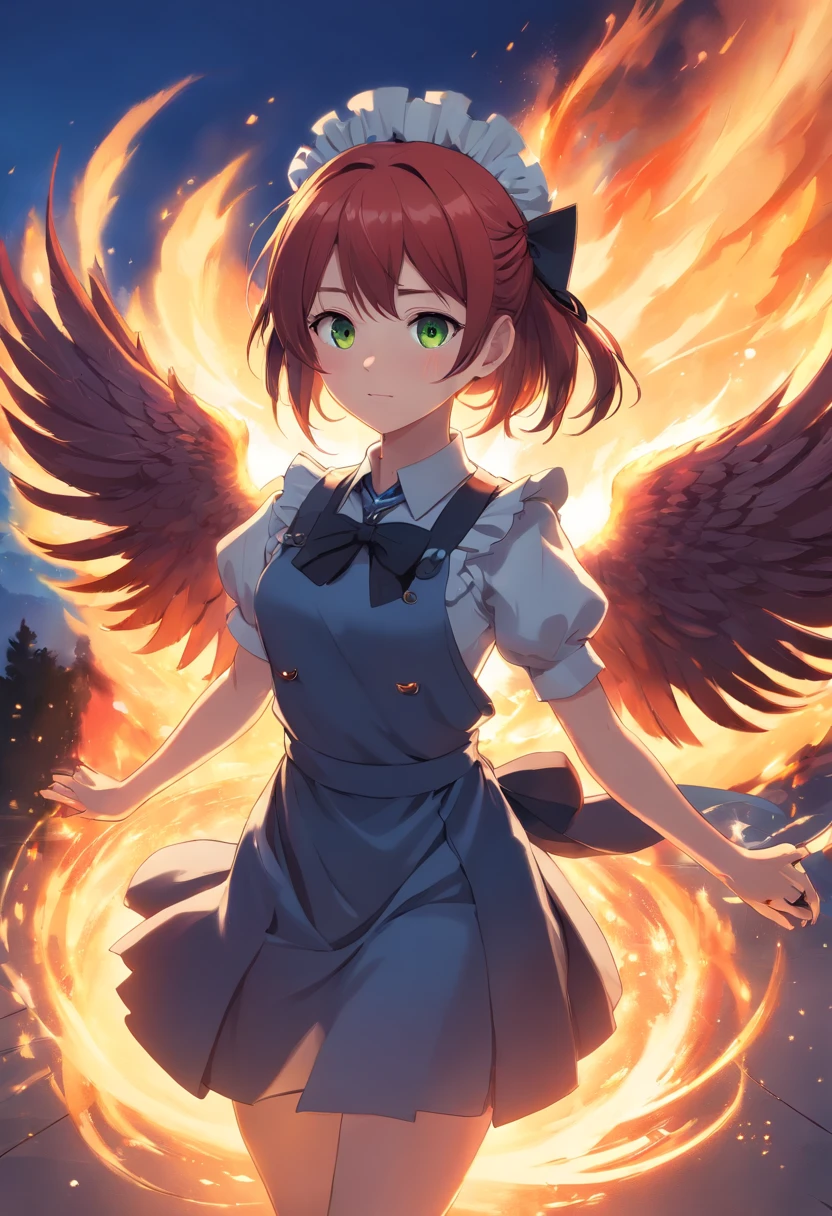 Maid knight, maid, knight, gothic fashion, gothic, dark clothes, female, fire angel, fire, angel, demon, red, red hair, pale skin, pale, green eyes, freckles, phoenix wings, fire wings, angel fire wings, angel wings, wings, one character, one face, one person, only one individual, only one character, only one person, only one face.