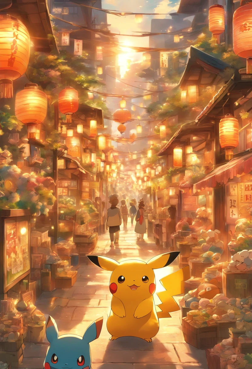a whole bunch of Pokemon, shopping and selling products in a japanese street market, lit by lanterns, and the setting sun