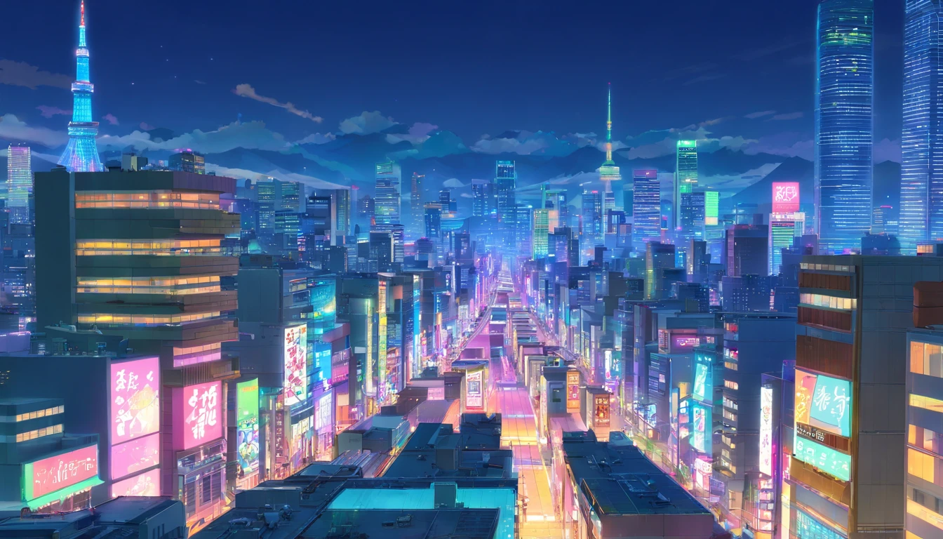 "Tokyo cityscape at night, com luzes neon vibrantes e arquitetura futurista."