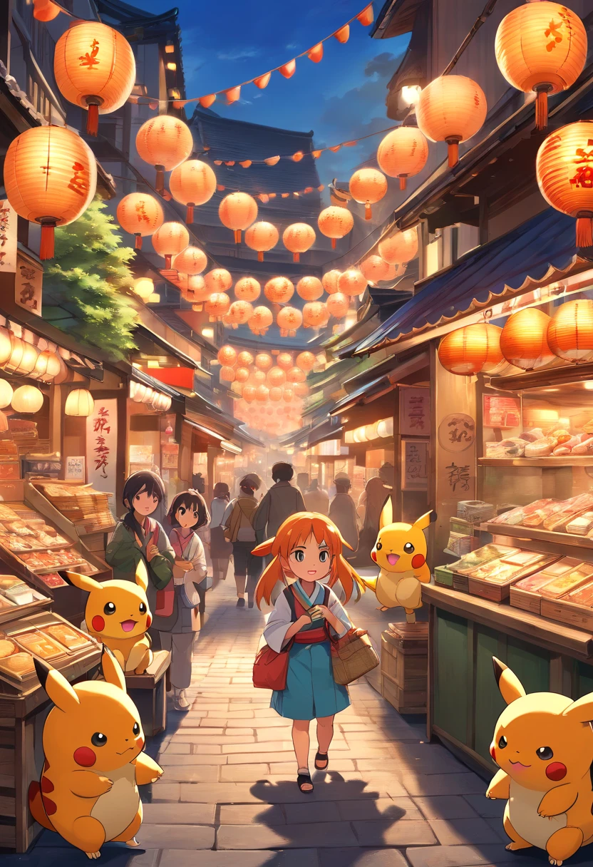 (best quality,4k,8k,highres,masterpiece:1.2),ultra-detailed,(realistic,photorealistic,photo-realistic:1.37),a whole bunch of Pokemon,shopping and selling products in a Japanese street market,lit by lanterns,and the setting sun,illustration,medium,colorful vibrant palette,golden hour lighting,vivid colors,Jigglypuff,Pikachu,Charmander,Bulbasaur,detailed and cute Pokemon,people wearing traditional Japanese clothing,traditional wooden stalls,authentic Japanese street food,tantalizing food stalls,Pokemon merchandise everywhere,elaborate Pokemon toys and plushies,various vibrant food stalls,sushi,sashimi,ramen,yakitori,takoyaki,matcha drinks,sweet aroma of freshly baked taiyaki,the sound of laughter and conversations in Japanese,customer haggling with the shopkeeper,friendly vendors,dynamic street atmosphere,festive decorations,hanging lanterns providing warm soft lighting,strong shadows cast by the setting sun on the bustling street market,children running around wearing Pokemon costumes,excited shoppers,beautifully painted Japanese folding fans,floating cherry blossom petals in the air,Japanese traditional music playing softly,authentic cultural experience,thriving market filled with joy and excitement.