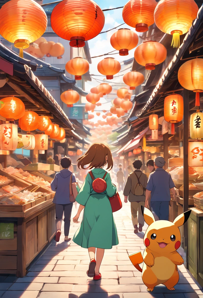 (best quality,4k,8k,highres,masterpiece:1.2),ultra-detailed,(realistic,photorealistic,photo-realistic:1.37),a whole bunch of Pokemon,shopping and selling products in a Japanese street market,lit by lanterns,and the setting sun,illustration,medium,colorful vibrant palette,golden hour lighting,vivid colors,Jigglypuff,Pikachu,Charmander,Bulbasaur,detailed and cute Pokemon,people wearing traditional Japanese clothing,traditional wooden stalls,authentic Japanese street food,tantalizing food stalls,Pokemon merchandise everywhere,elaborate Pokemon toys and plushies,various vibrant food stalls,sushi,sashimi,ramen,yakitori,takoyaki,matcha drinks,sweet aroma of freshly baked taiyaki,the sound of laughter and conversations in Japanese,customer haggling with the shopkeeper,friendly vendors,dynamic street atmosphere,festive decorations,hanging lanterns providing warm soft lighting,strong shadows cast by the setting sun on the bustling street market,children running around wearing Pokemon costumes,excited shoppers,beautifully painted Japanese folding fans,floating cherry blossom petals in the air,Japanese traditional music playing softly,authentic cultural experience,thriving market filled with joy and excitement.