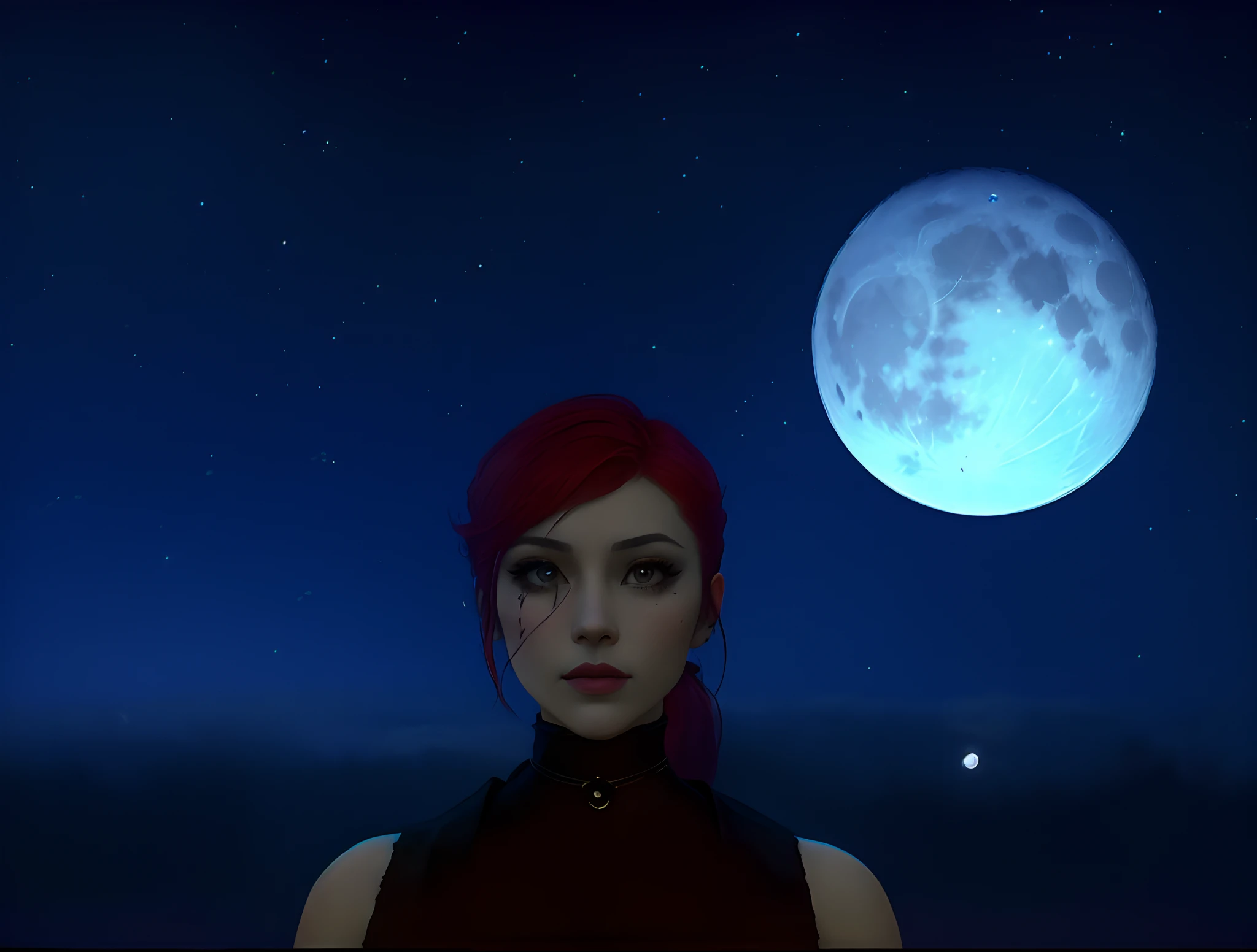 there is a woman standing in front of a full moon, in front of a pale full moon, in front of a big moon, in front of a full moon, moons in background, in front of the moon, during a blood moon, second life avatar, (moon in the background), nighttime moonlit, detailed crimson moon, with full moon in the sky red haired pretty woman,  short and low ponytail, two heavy scars across right eye (starting from top of eye), white eyes, black cloth top, portrait, medieval times, drop shadow, wide shot, high detail, anatomically correct, masterpiece, highres, high quality, high details, 8k, retina,