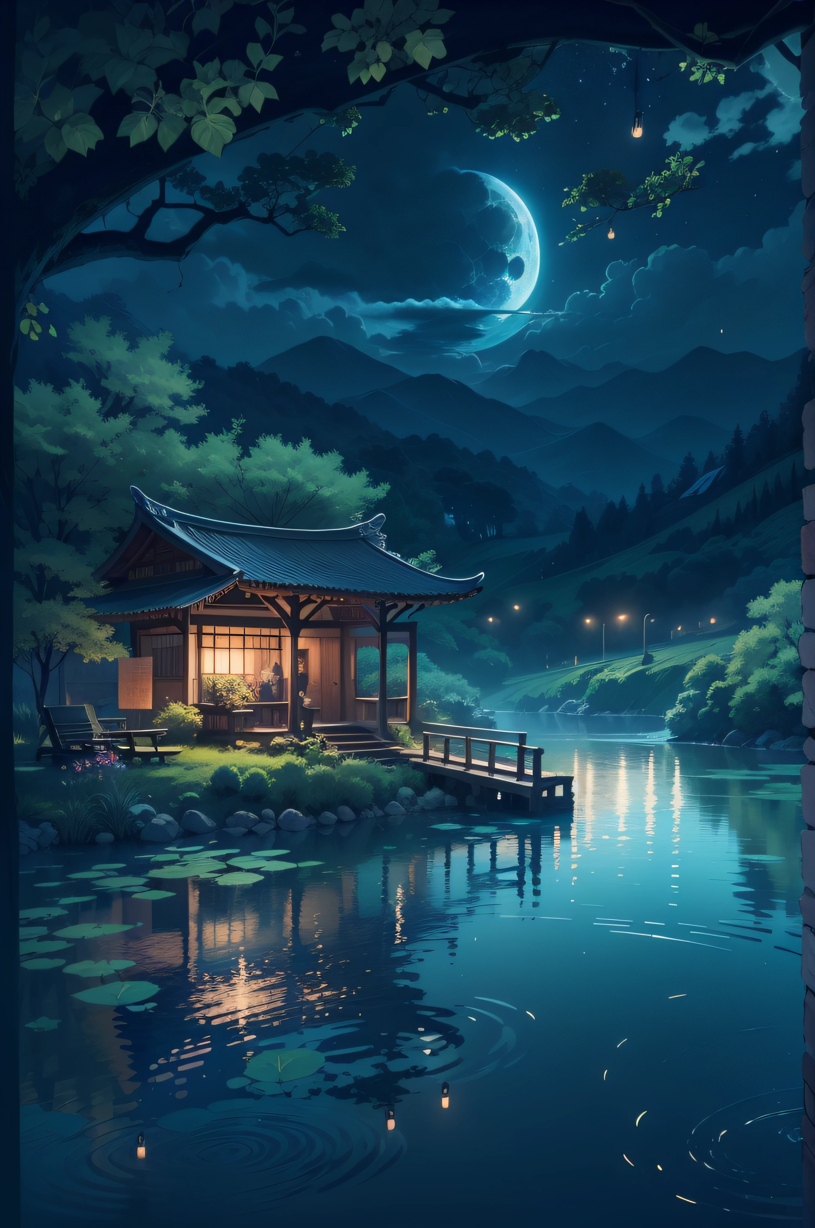night scene with some house asian, vietnam, viet nam, ha giang, moon, lake in the foreground, calm night, green and blue, digital illustration, 4k highly detailed digital art, night scenery, anime art wallpaper 4k, anime art wallpaper 4 k, 4k detailed digital art, nighttime nature landscape, anime art wallpaper 8 k, background artwork, beautiful art uhd 4 k, 4 k hd illustrative wallpaper