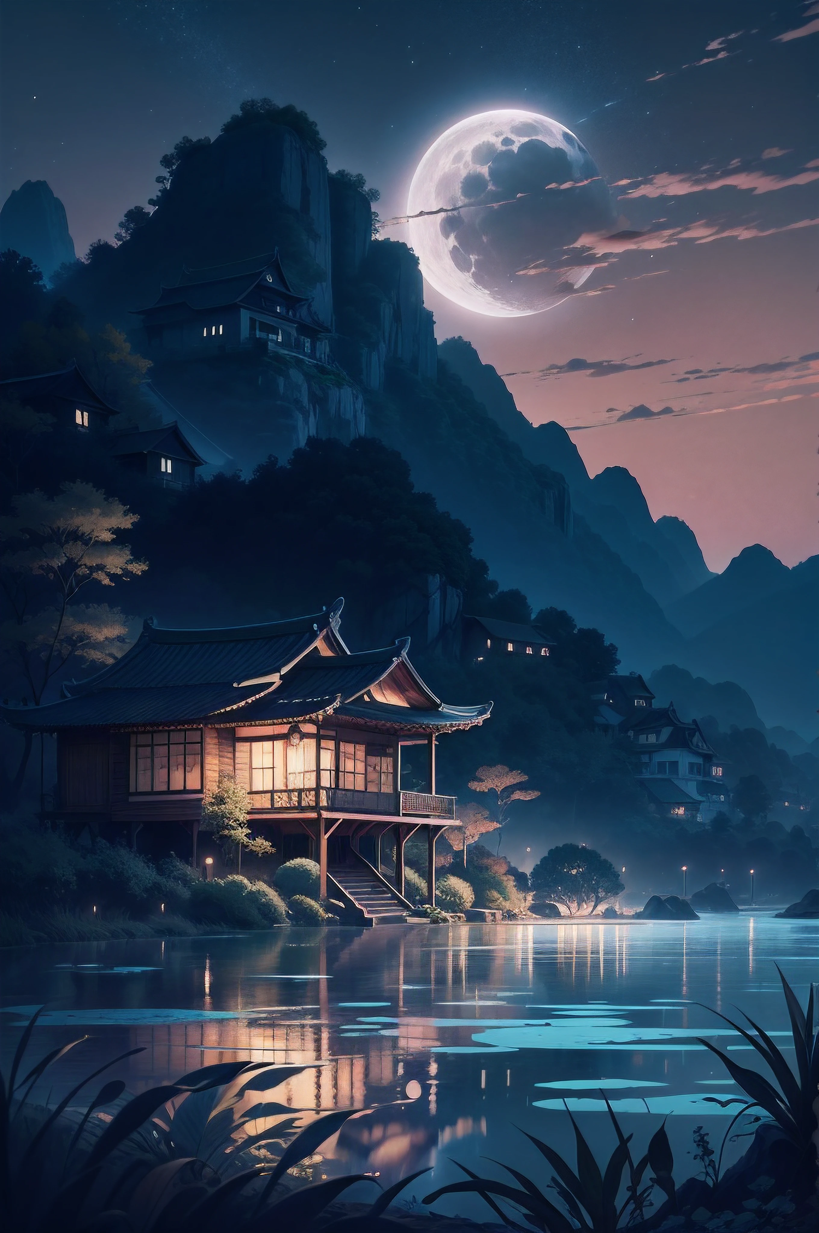 night scene with some house asian, vietnam, viet nam, ha giang, moon, lake in the foreground, calm night, green and blue, digital illustration, 4k highly detailed digital art, night scenery, anime art wallpaper 4k, anime art wallpaper 4 k, 4k detailed digital art, nighttime nature landscape, anime art wallpaper 8 k, background artwork, beautiful art uhd 4 k, 4 k hd illustrative wallpaper