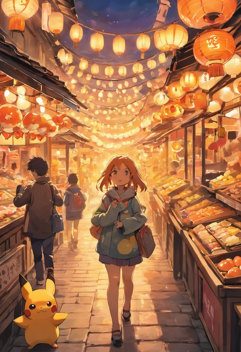 (best quality,4k,8k,highres,masterpiece:1.2),ultra-detailed,(realistic,photorealistic,photo-realistic:1.37),a whole bunch of Pokemon,shopping and selling products in a Japanese street market,lit by lanterns,and the setting sun,illustration,medium,colorful vibrant palette,golden hour lighting,vivid colors,Jigglypuff,Pikachu,Charmander,Bulbasaur,detailed and cute Pokemon,people wearing traditional Japanese clothing,traditional wooden stalls,authentic Japanese street food,tantalizing food stalls,Pokemon merchandise everywhere,elaborate Pokemon toys and plushies,various vibrant food stalls,sushi,sashimi,ramen,yakitori,takoyaki,matcha drinks,sweet aroma of freshly baked taiyaki,the sound of laughter and conversations in Japanese,customer haggling with the shopkeeper,friendly vendors,dynamic street atmosphere,festive decorations,hanging lanterns providing warm soft lighting,strong shadows cast by the setting sun on the bustling street market,children running around wearing Pokemon costumes,excited shoppers,beautifully painted Japanese folding fans,floating cherry blossom petals in the air,Japanese traditional music playing softly,authentic cultural experience,thriving market filled with joy and excitement.