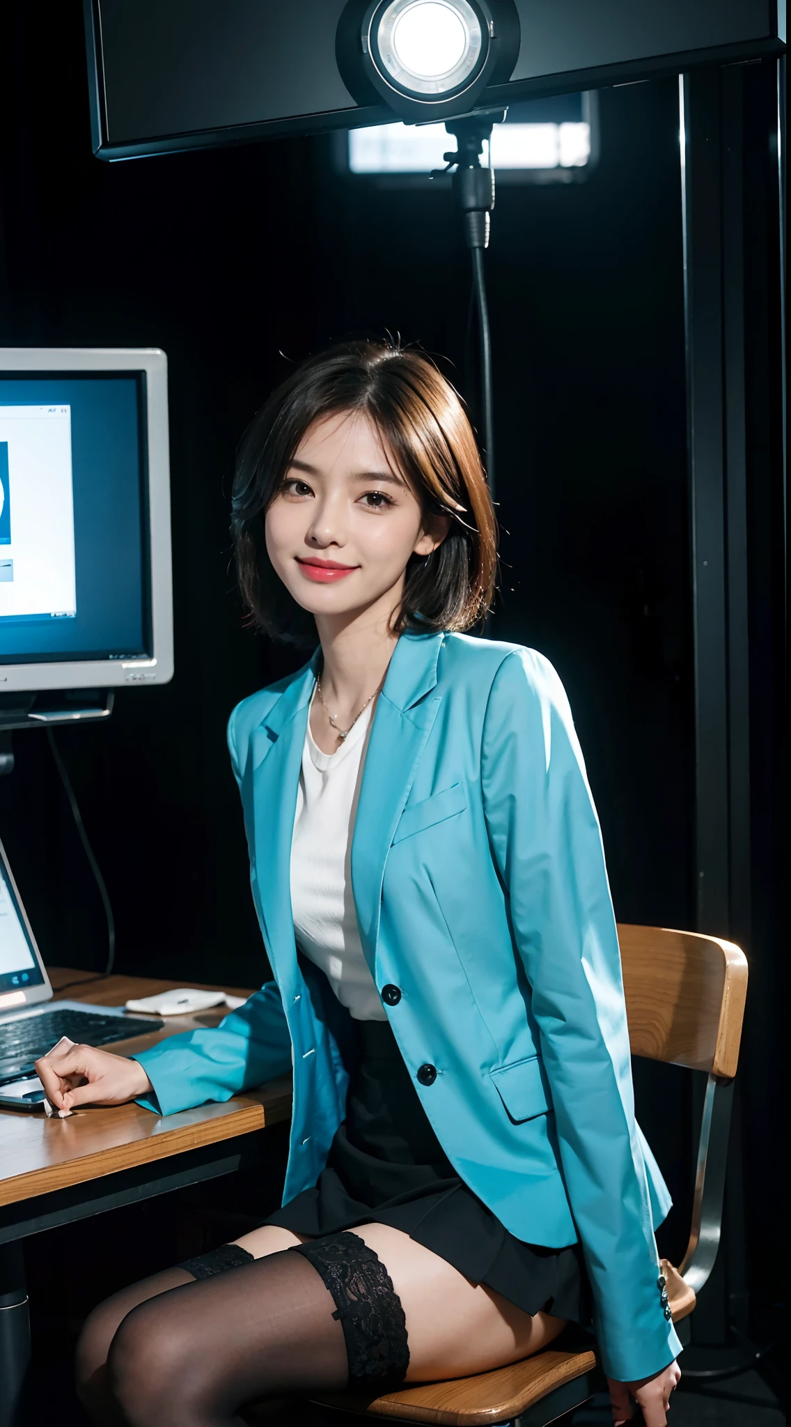 8K，masterpiece，best quality，TV programs, news programs, presenters in the host broadcast news, broadcast halls, sitting upright on the chair behind the table，The table is in front of the girl，There are instruments and equipment on site, large screen,microphone on the table，A girl，Extremely detailed facial details，shoulder length black straight short hair, Wearing earphone in one ear，smile，happy，cyan blazer and skirt set,shirt，small breasts，slim, thin,Black stockings, high heels，close shot，Broadcasting in progress，Holding the manuscript in hand，cowboy shot，Directly facing the camera，front front，upper body