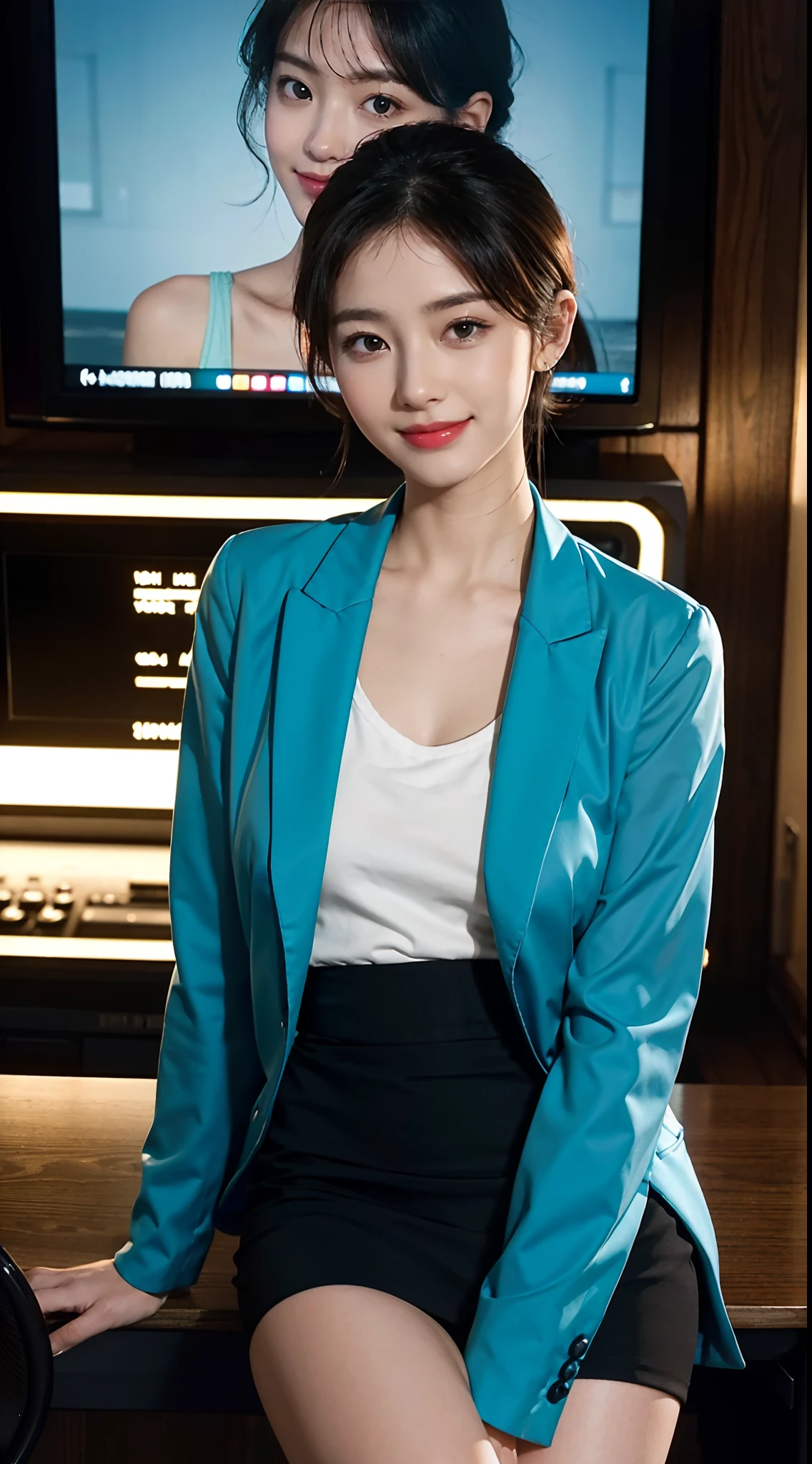 8K,masterpiece,best quality,TV programs, news programs, presenters in the host broadcast news, broadcast halls, sitting upright on the chair behind the table,The table is in front of the girl,There are instruments and equipment on site, large screen,microphone on the table,A girl,Extremely detailed facial details,shoulder length black straight short hair, Wearing earphone in one ear,smile,happy,cyan blazer and skirt set,shirt,small breasts,slim, thin,Black stockings, high heels,close shot,Broadcasting in progress,Holding the manuscript in hand,cowboy shot,Directly facing the camera,front front,upper body