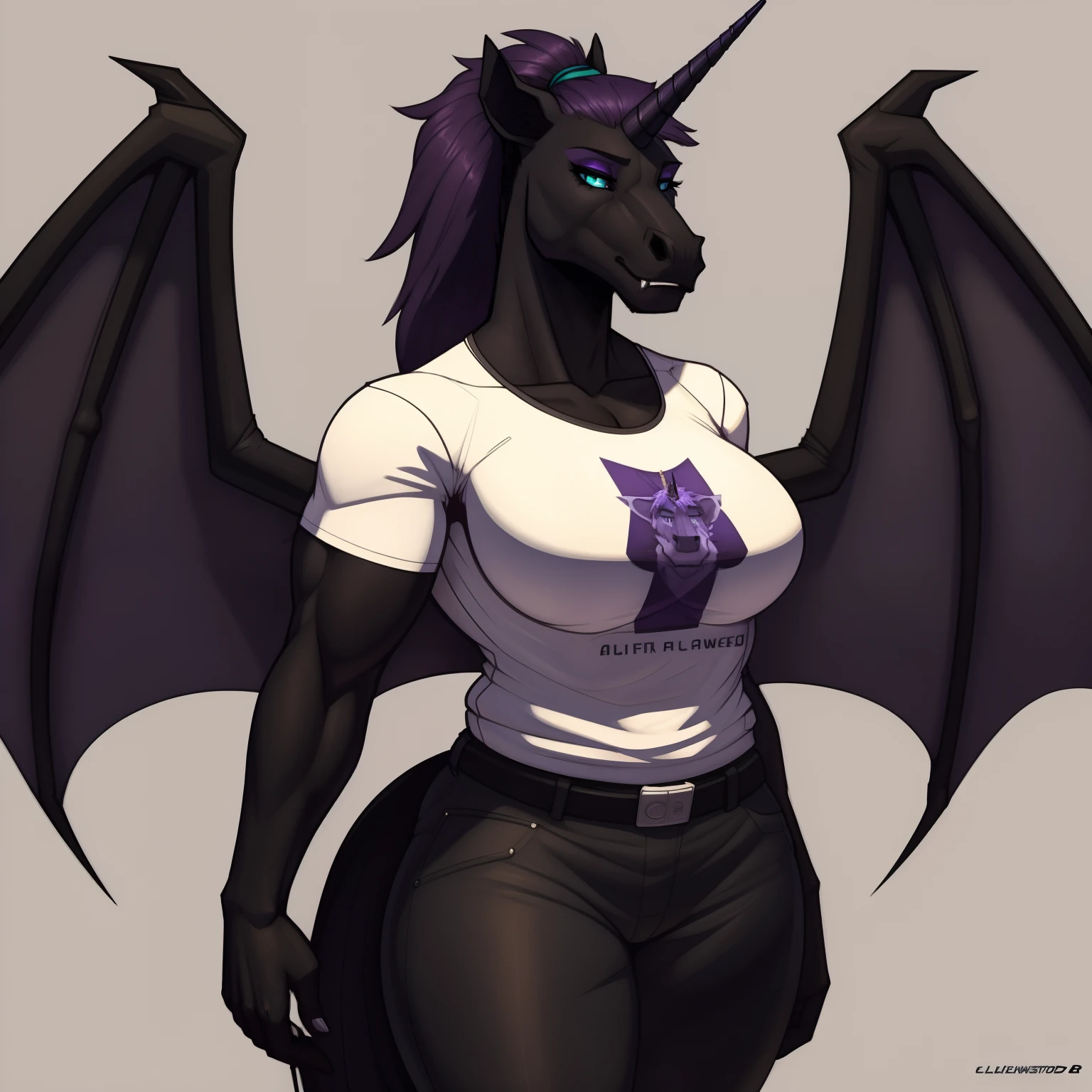 Tall_muscular_mature_horse female dark_purple_mane ponytail black_furry_body teal_eyes slit_pupils solo Masterpiece best_quality absurdres highly_detailed gym_shirt pants cleanly_drawn_eyes fangs bat_wings purple_eyeshadow long_black_unicorn_horn horse_snout anthro_only by_claweddrip, by_greasymojo, by_underscore-b, by_runawaystride