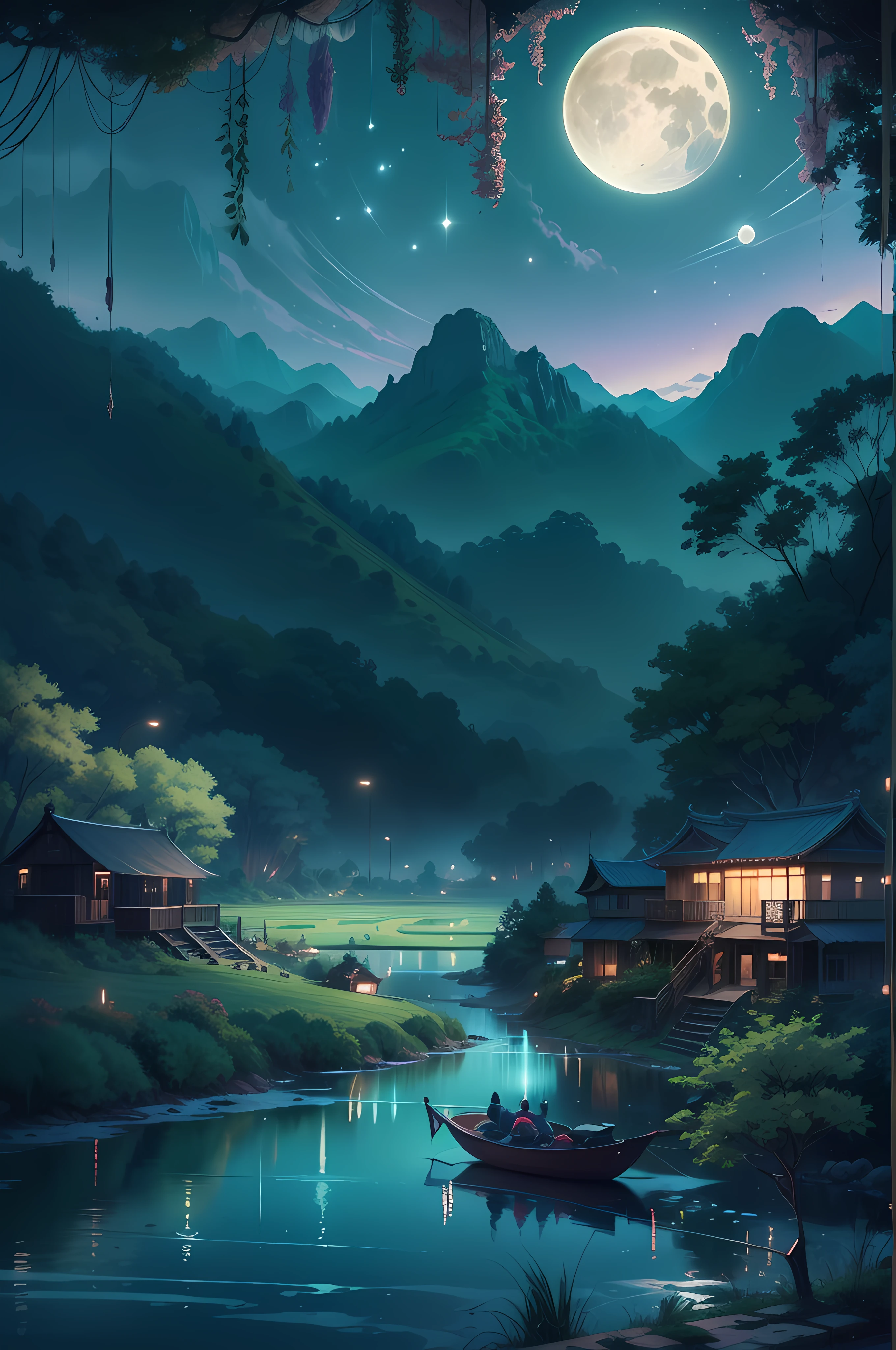 night scene with some house asian, vietnam, viet nam, ha giang, moon, lake in the foreground, calm night, green and blue, digital illustration, 4k highly detailed digital art, night scenery, anime art wallpaper 4k, anime art wallpaper 4 k, 4k detailed digital art, nighttime nature landscape, anime art wallpaper 8 k, background artwork, beautiful art uhd 4 k, 4 k hd illustrative wallpaper