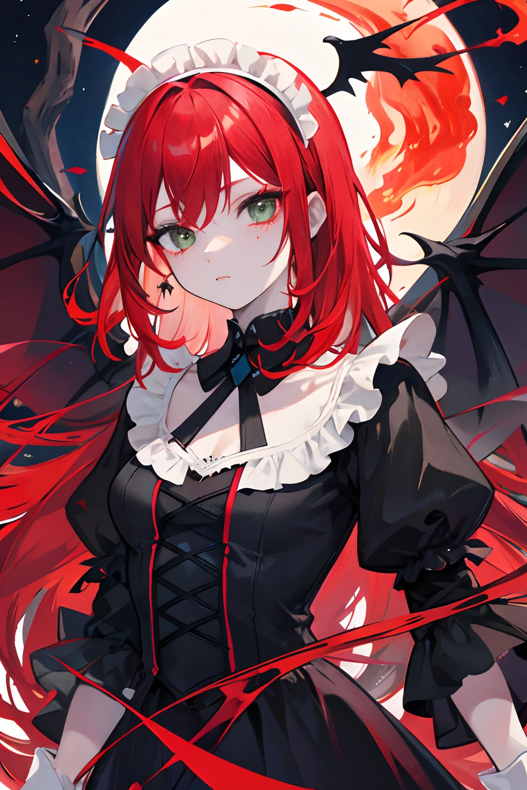 Maid knight, maid, knight, gothic fashion, gothic, dark clothes, female, fire angel, fire, angel, demon, red, red hair, pale skin, pale, green eyes, freckles, phoenix wings, fire wings, angel fire wings, angel wings, wings, one character, one face, one person, only one individual, only one character, only one person, only one face.