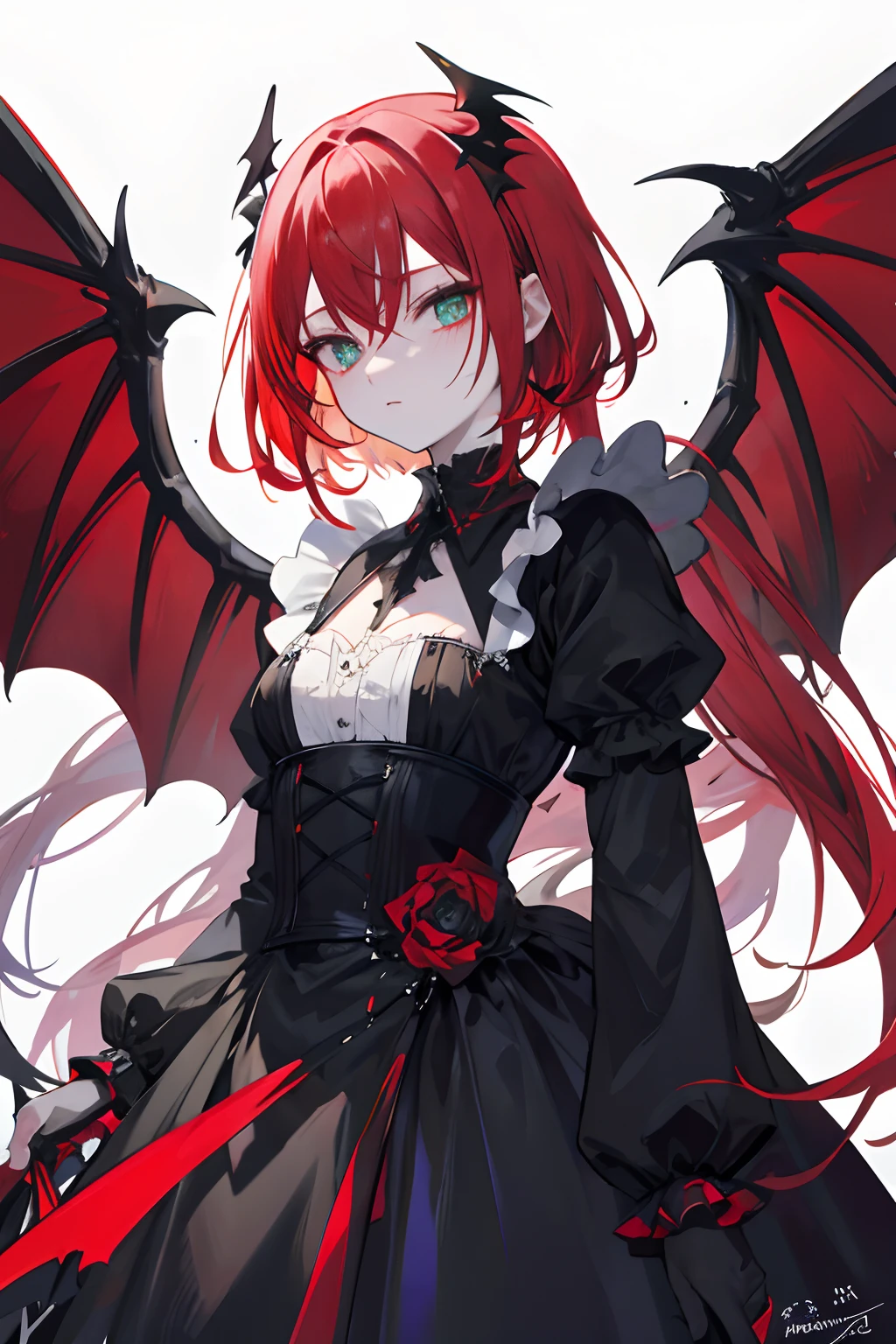 Maid knight, maid, knight, gothic fashion, gothic, dark clothes, female, fire angel, fire, angel, demon, red, red hair, pale skin, pale, green eyes, freckles, phoenix wings, fire wings, angel fire wings, angel wings, wings, one character, one face, one person, only one individual, only one character, only one person, only one face.