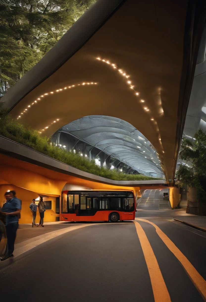 Create a sustainable bus station next to a highway with an inner courtyard and a kind of tunnel that passes under the streets in front