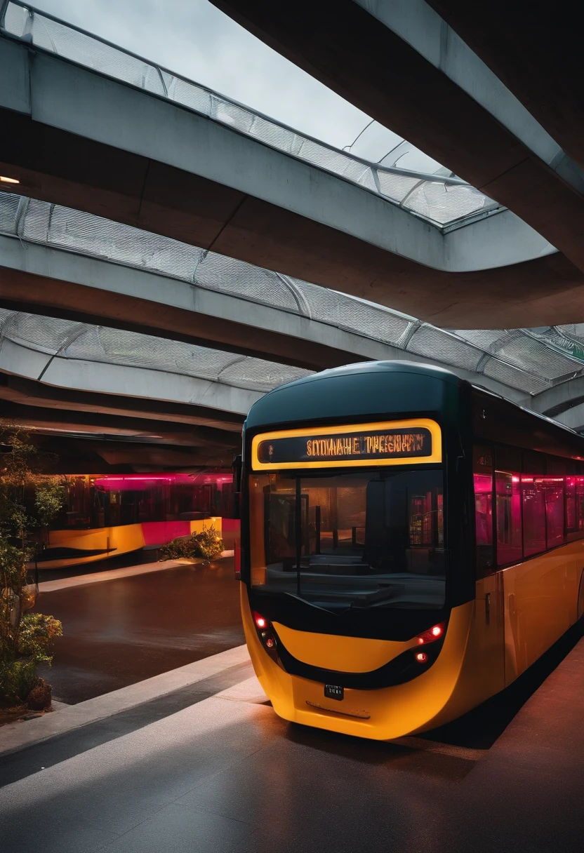Create a sustainable bus station next to a highway with an inner courtyard and a kind of tunnel that passes under the streets in front