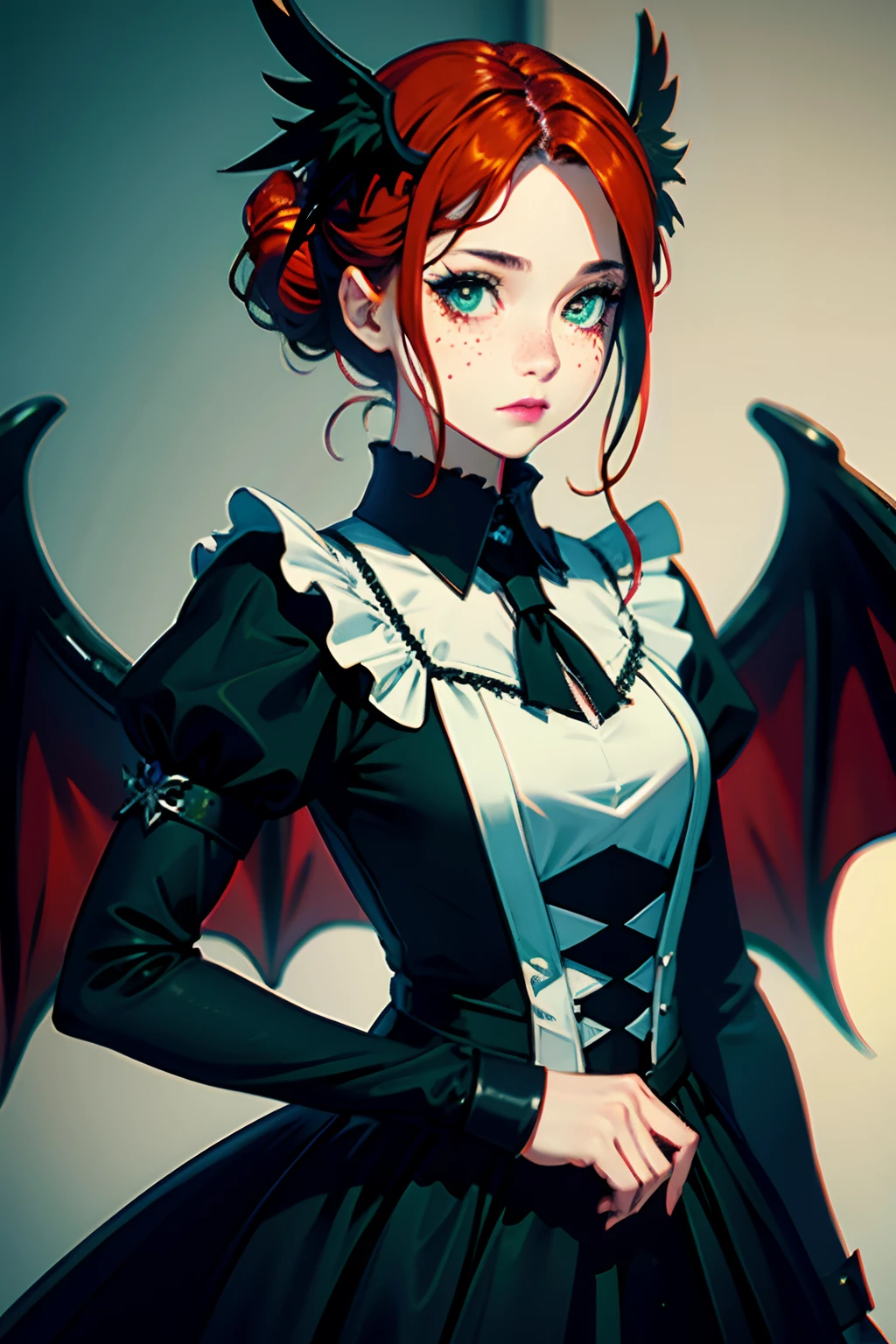 Maid knight, maid, knight, gothic fashion, gothic, dark clothes, female, fire angel, fire, angel, demon, red, red hair, pale skin, pale, green eyes, freckles, phoenix wings, fire wings, angel fire wings, angel wings, wings, one character, one face, one person, only one individual, only one character, only one person, only one face.